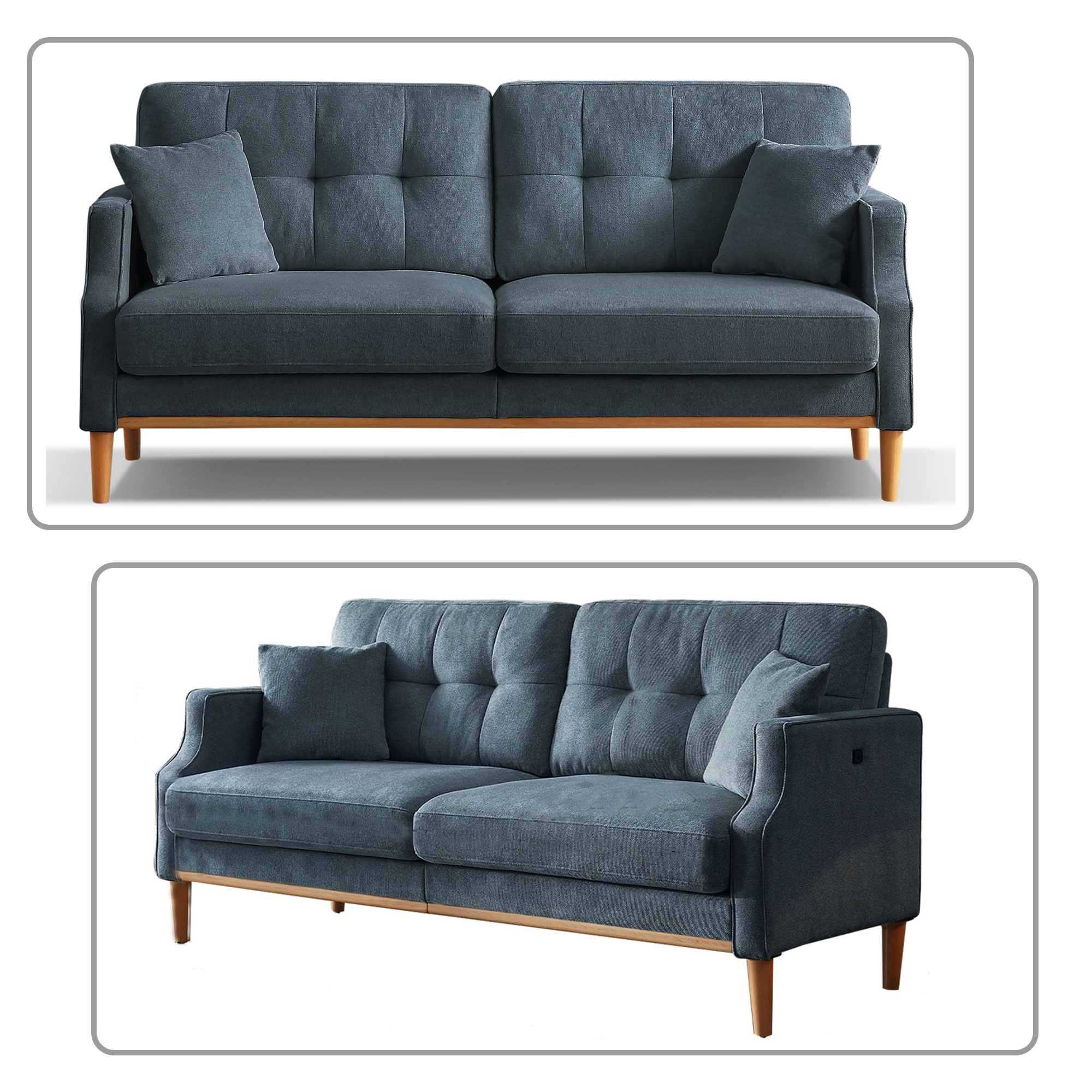 Elegant Style Casual Three Seat Polyester Sofa with Two Pillows for Living Room, Bedroom, Office, Dark Blue