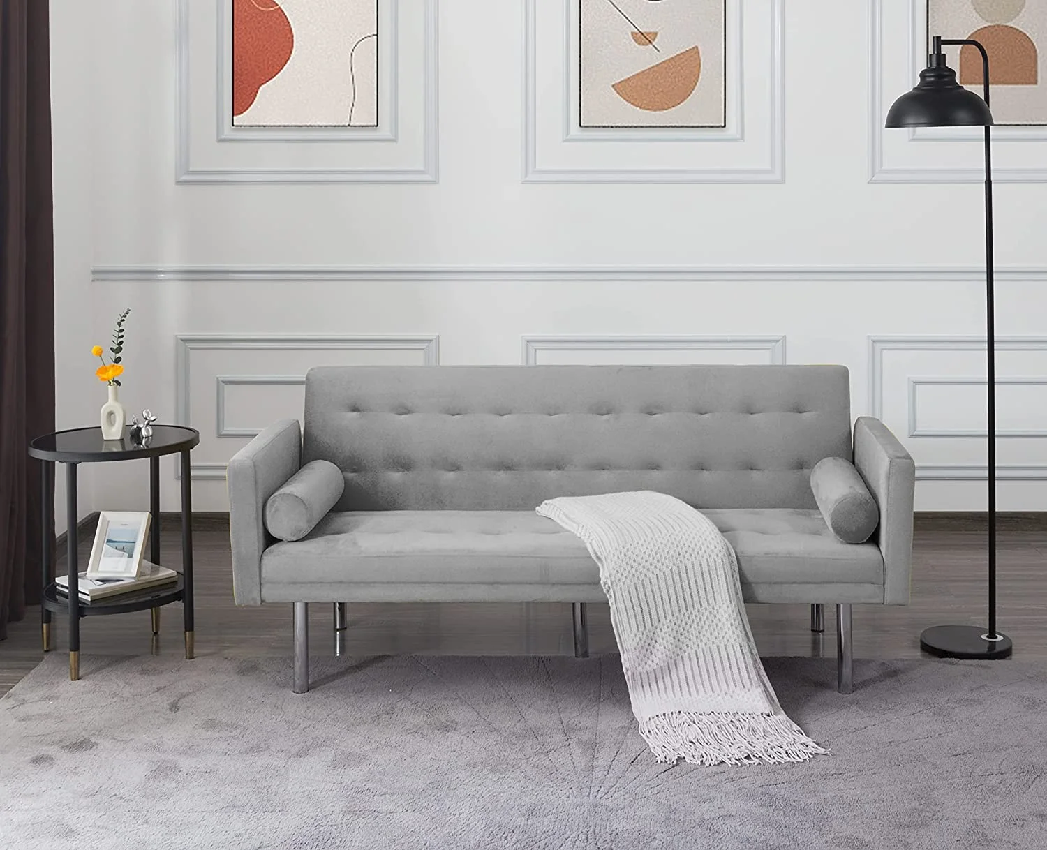 Square Arm Velvet Futon Sofa Bed, Convertible Sleeper Sofa with Modern design Upholstered Tufted back with 2 Pillows, Ideal for Small Space Apartments, Home and Office, Twin Sleeper Size