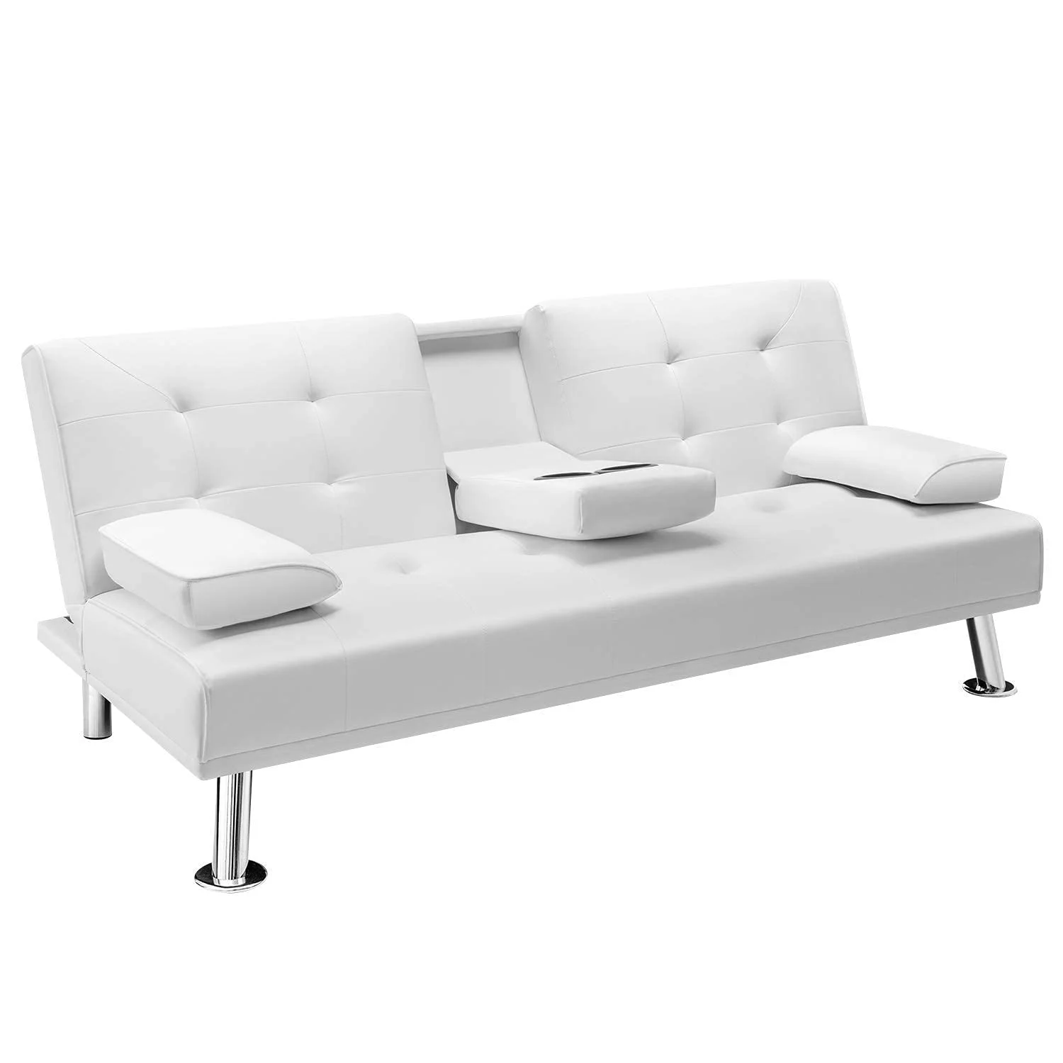 Modern Faux Leather Sofa Bed Convertible Folding Sofa Bed Removable Armrests and 2 Cup Holders-(leather, White)
