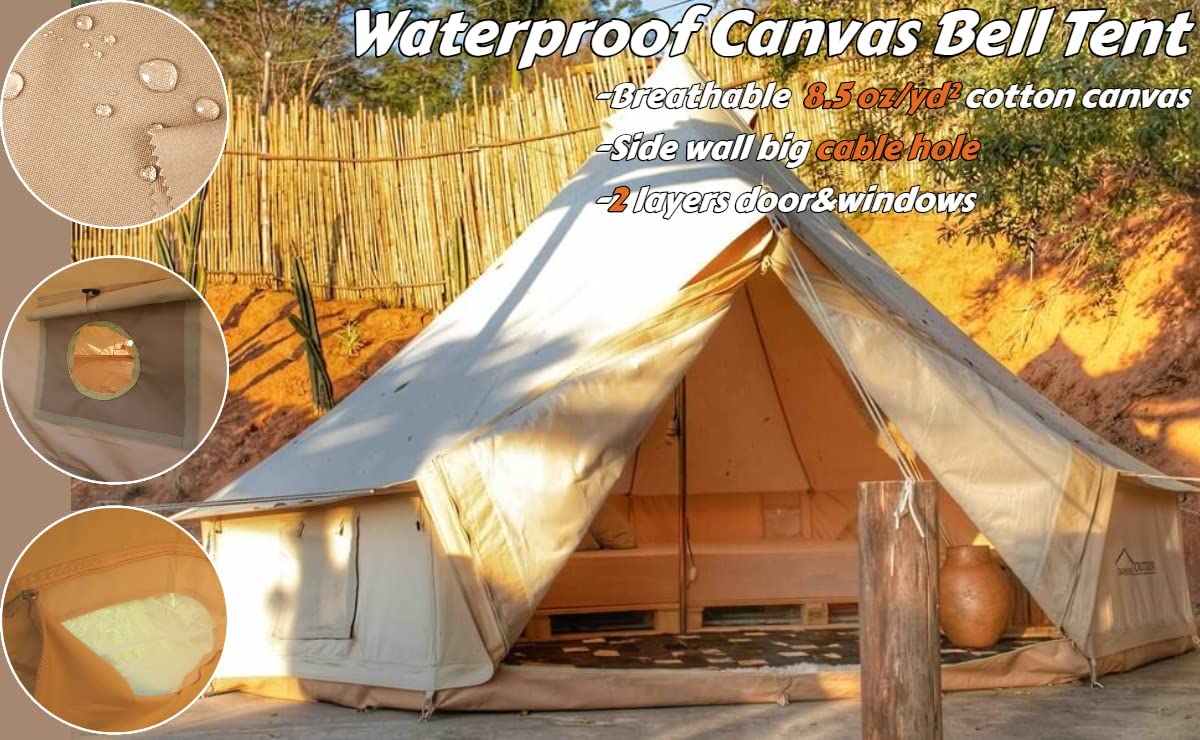 DANCHEL Outdoor 9.8ft = 3M Spacious Heavy Duty Waterproof Cotton Canvas Bell Tent for 2 Person Camping