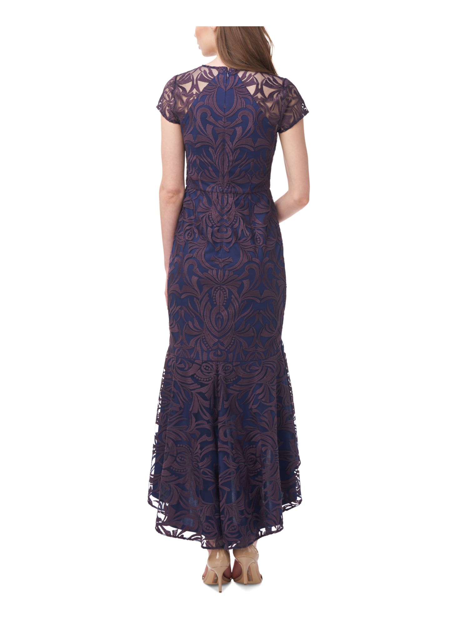 JS COLLECTION Womens Navy Mesh Embroidered Zippered Lined Cap Sleeve Jewel Neck Maxi Evening Hi-Lo Dress 16