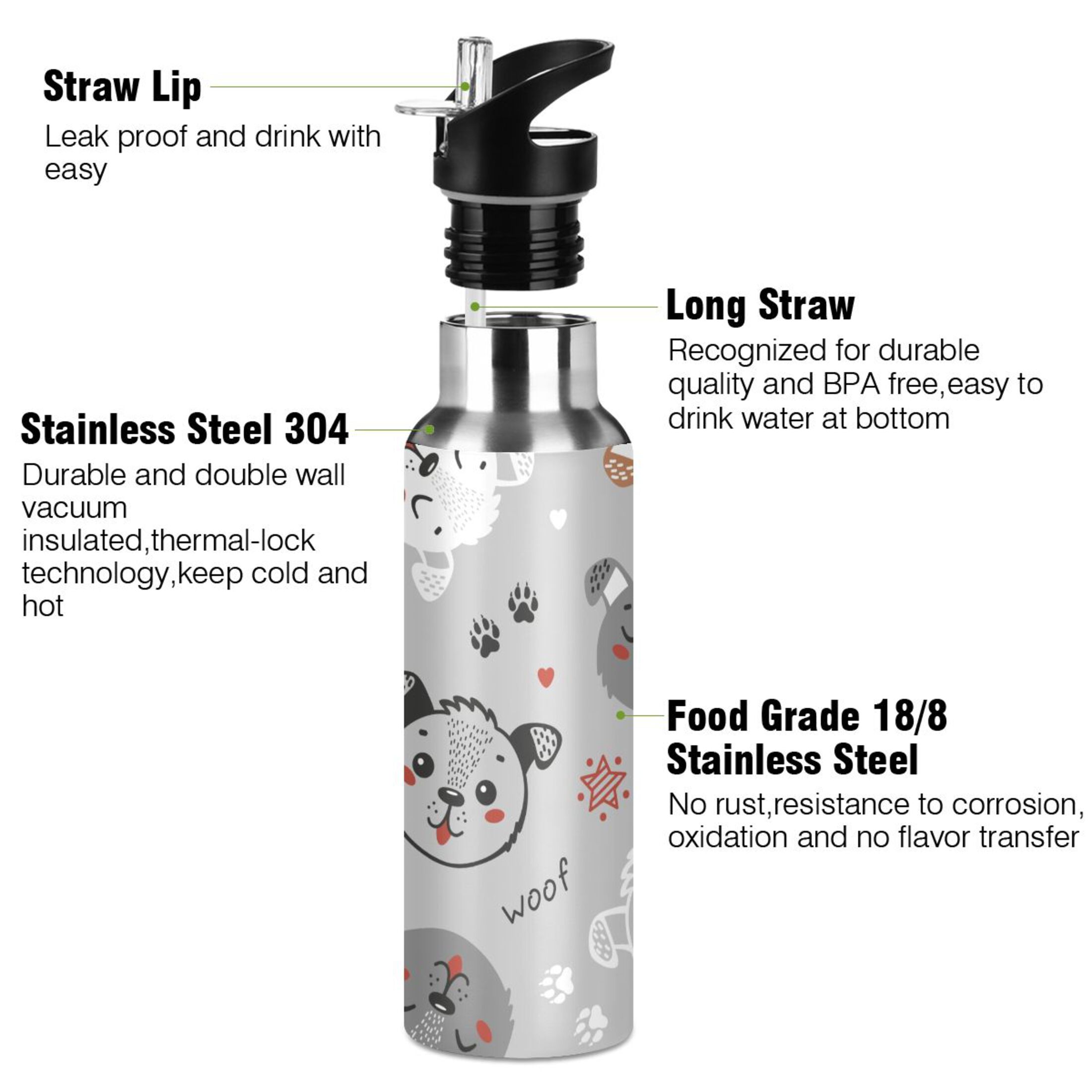 Cute Puppy Dogs Water Bottles Insulated Thermos Kids Stainless Steel Bottle with Straw Lid Flask Leakproof for Sports Gym 20 oz