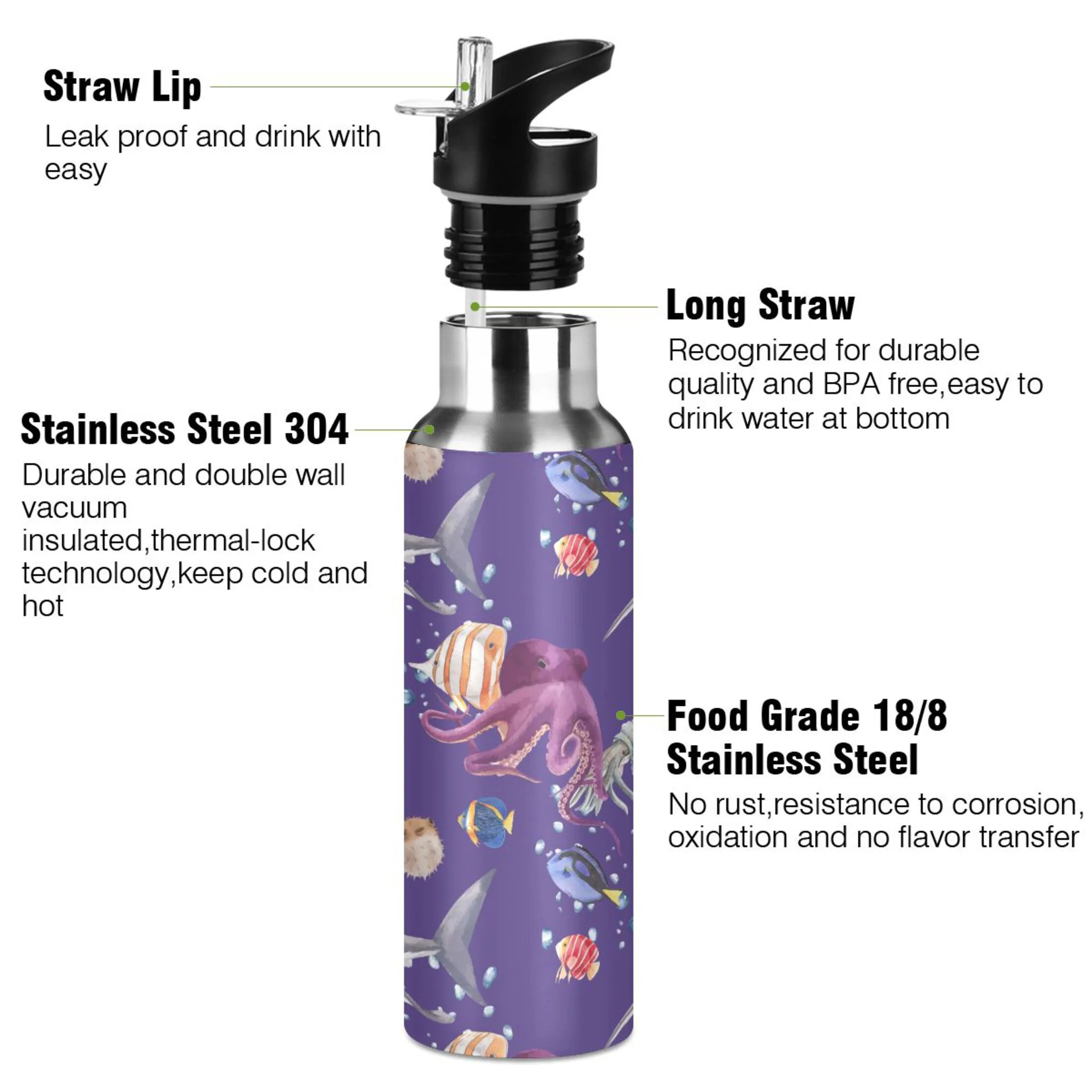 Stainless Steel Water Bottle Ocean Theme with Straw Lid Vacuum Insulated Leak Proof Flask Jug for Gym Travel Sports Cycling Outdoor 20 OZ
