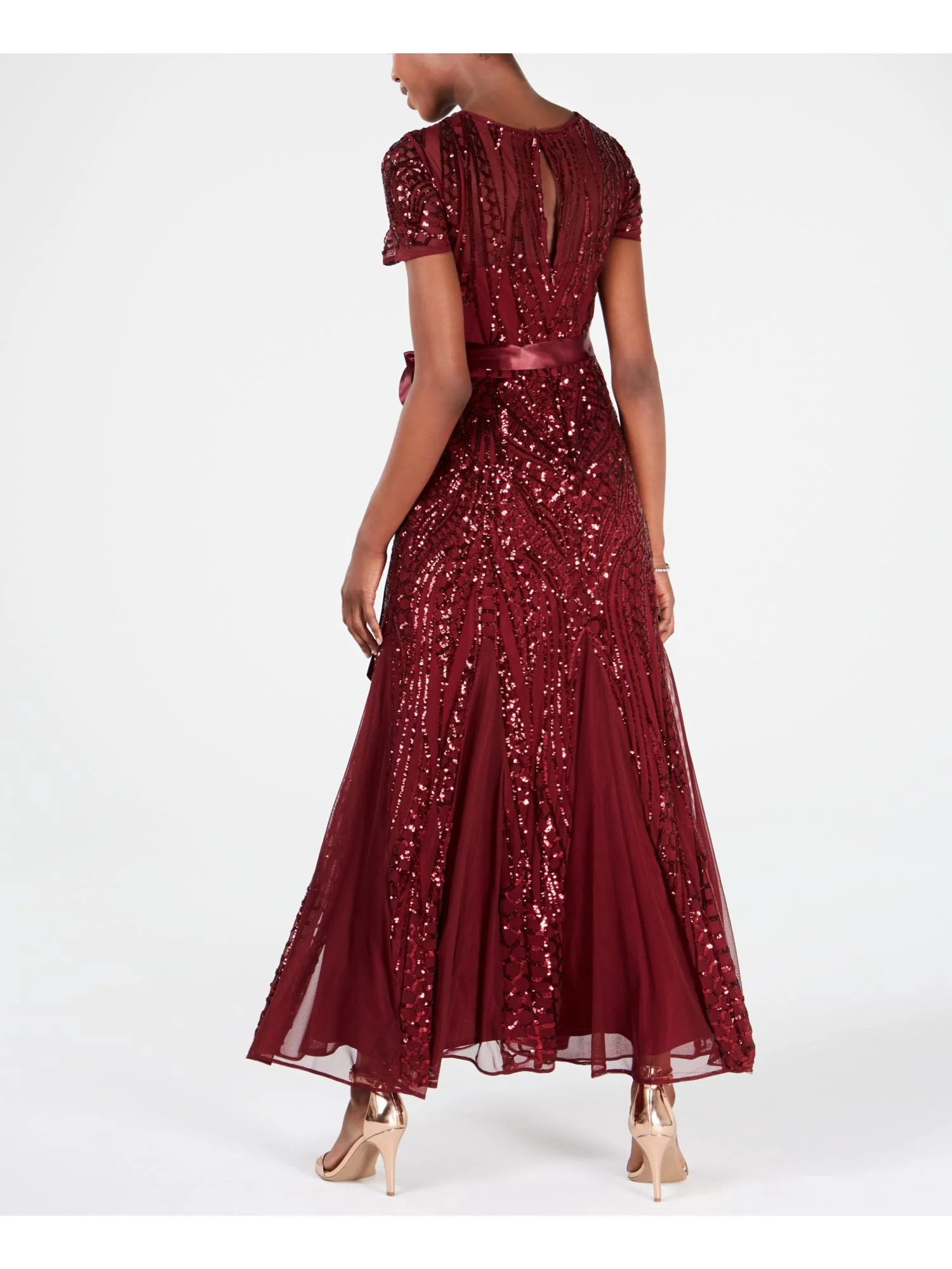 R&M RICHARDS PETITE Womens Burgundy Zippered Belted Keyhole Back Godet Insets Lined Short Sleeve Round Neck Maxi Evening Gown Dress Petites 12P