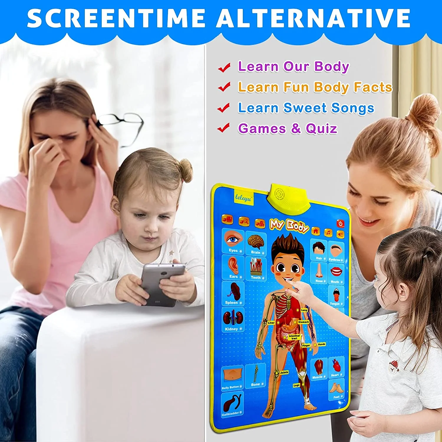 Paloura Body Parts for Toddlers - Electronic Interactive Body Talking Poster Learn Names & Facts & Games & Songs of Body Learning Toys for 3,4,5,6,7,8,9 Year Old Boys & Girls Anatomy for Kids