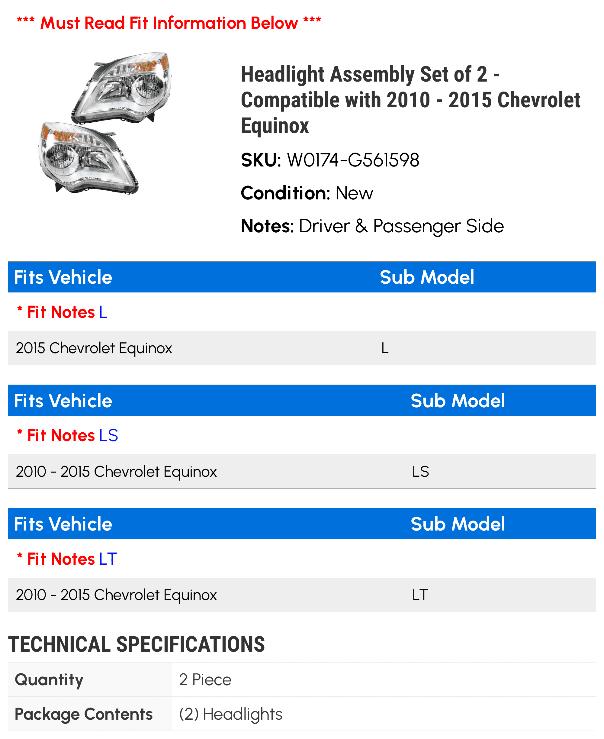 Headlight Assembly Set of 2 - Compatible with 2010 - 2015 Chevy Equinox 2011 2012 2013 2014