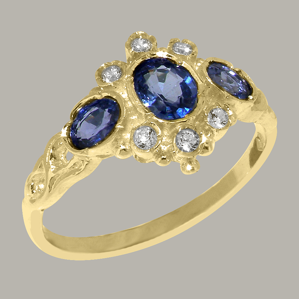 LBG English Made 9k Yellow Gold Natural Sapphire & Diamond Womens Anniversary Ring - Size 9