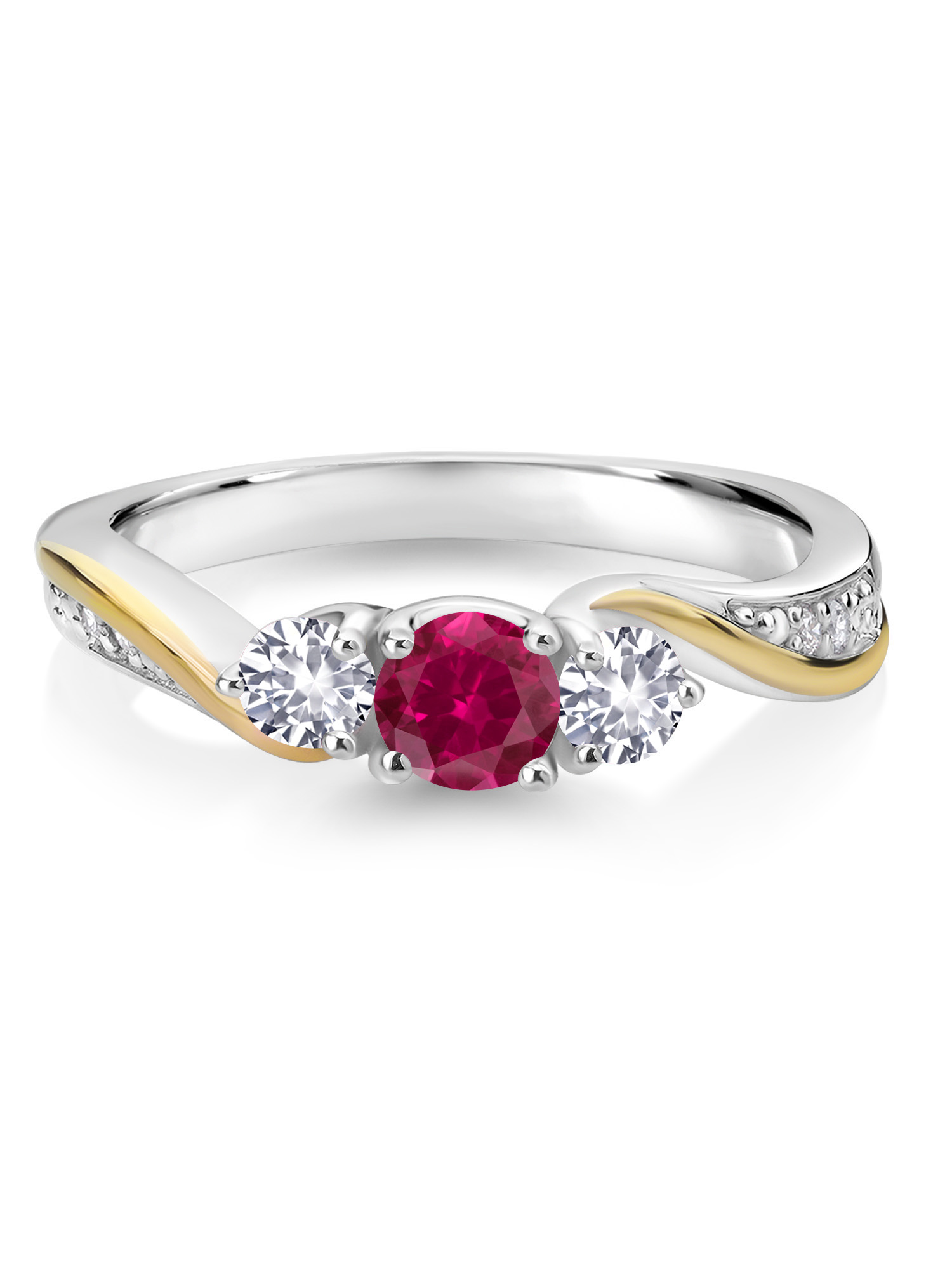925 Silver and 10K Yellow Gold Red Created Ruby White Created Sapphire and White Lab Grown Diamond 3 Stone Engagement Ring For Women (0.54 Cttw, July Birthstone, Available In Size 5, 6, 7, 8, 9)