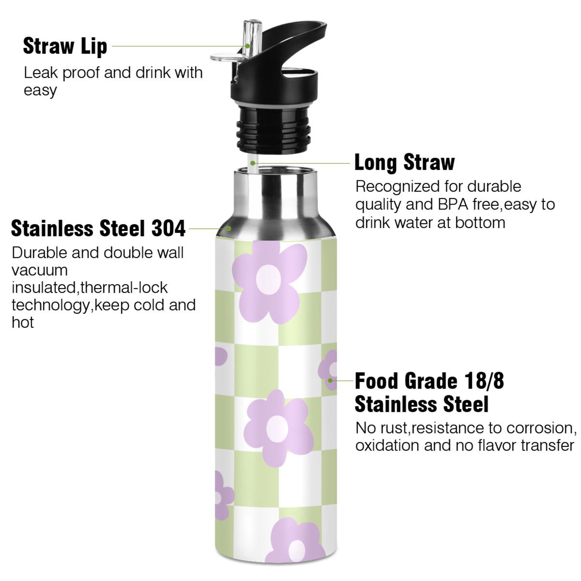 Water Bottle with Straw Lid Leak Green Lattice Purple Flower Stainless Steel Insulated Thermos Vacuum Flask for Cold Hot Drinking for Sports Camping Gym Yoga