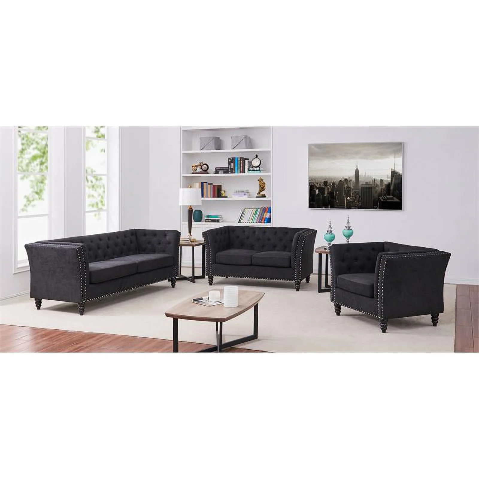 Pemberly Row Modern Microfiber Living Room Loveseat In Black