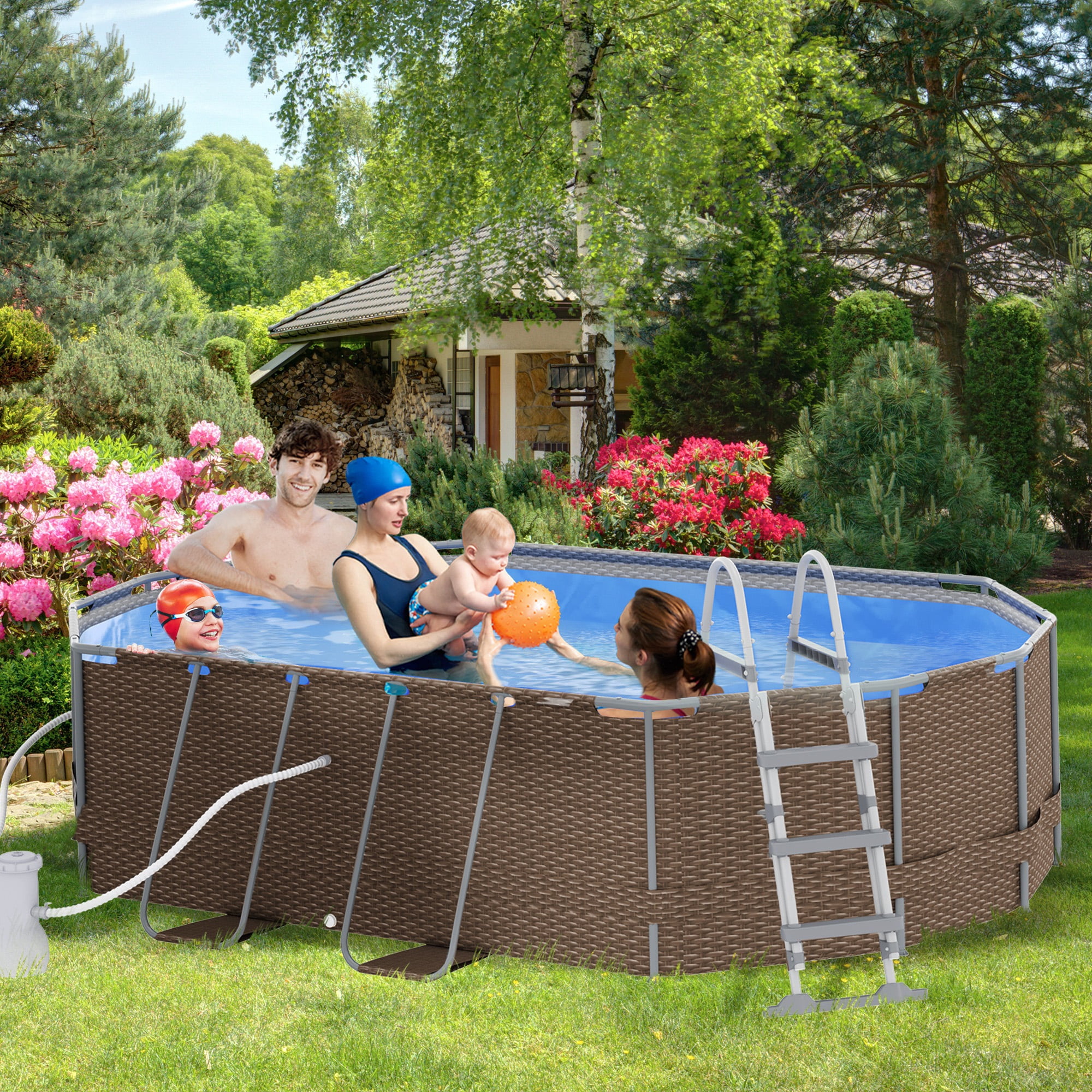 Outsunny Above Ground Swimming Pool, Non-Inflatable Frame Pool, Brown