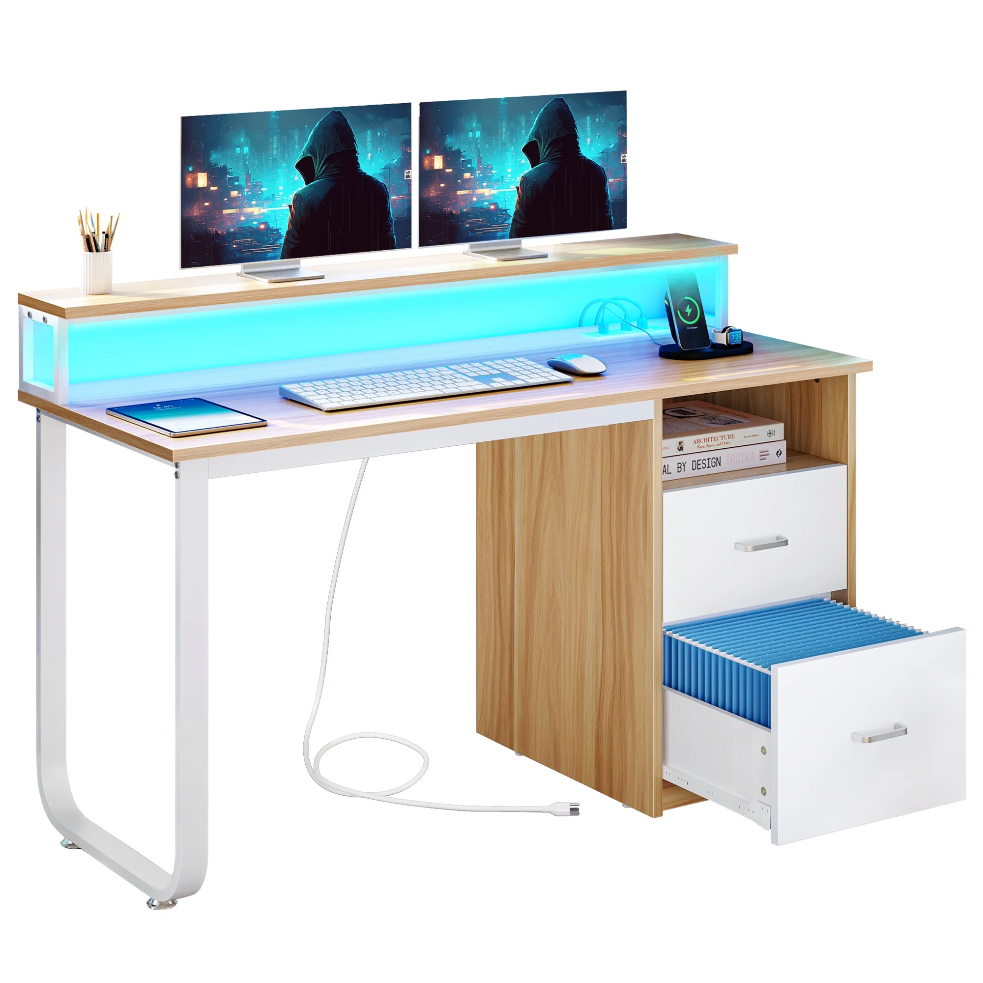 Dextrus 47 inch Computer Desk with Storage Drawers & LED Light, Office Desk with Monitor Stand & Power Outlets, Work Study PC Desk for Small Spaces, Home Office, Oak