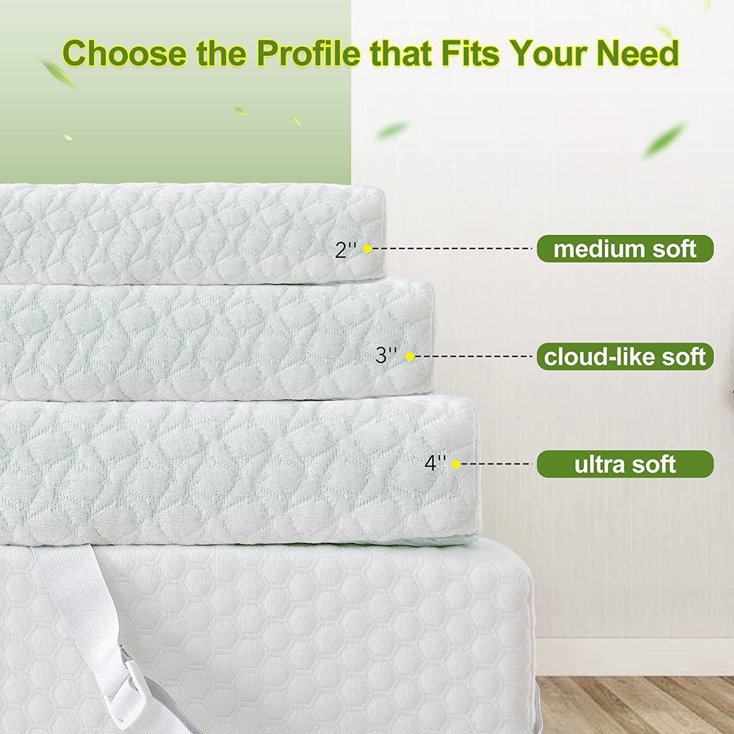 Mattress Topper Full, Homhougo 3 Inch Green Tea Memory Foam Mattress Topper with Zippered Bamboo Cover, Soft Bed Topper