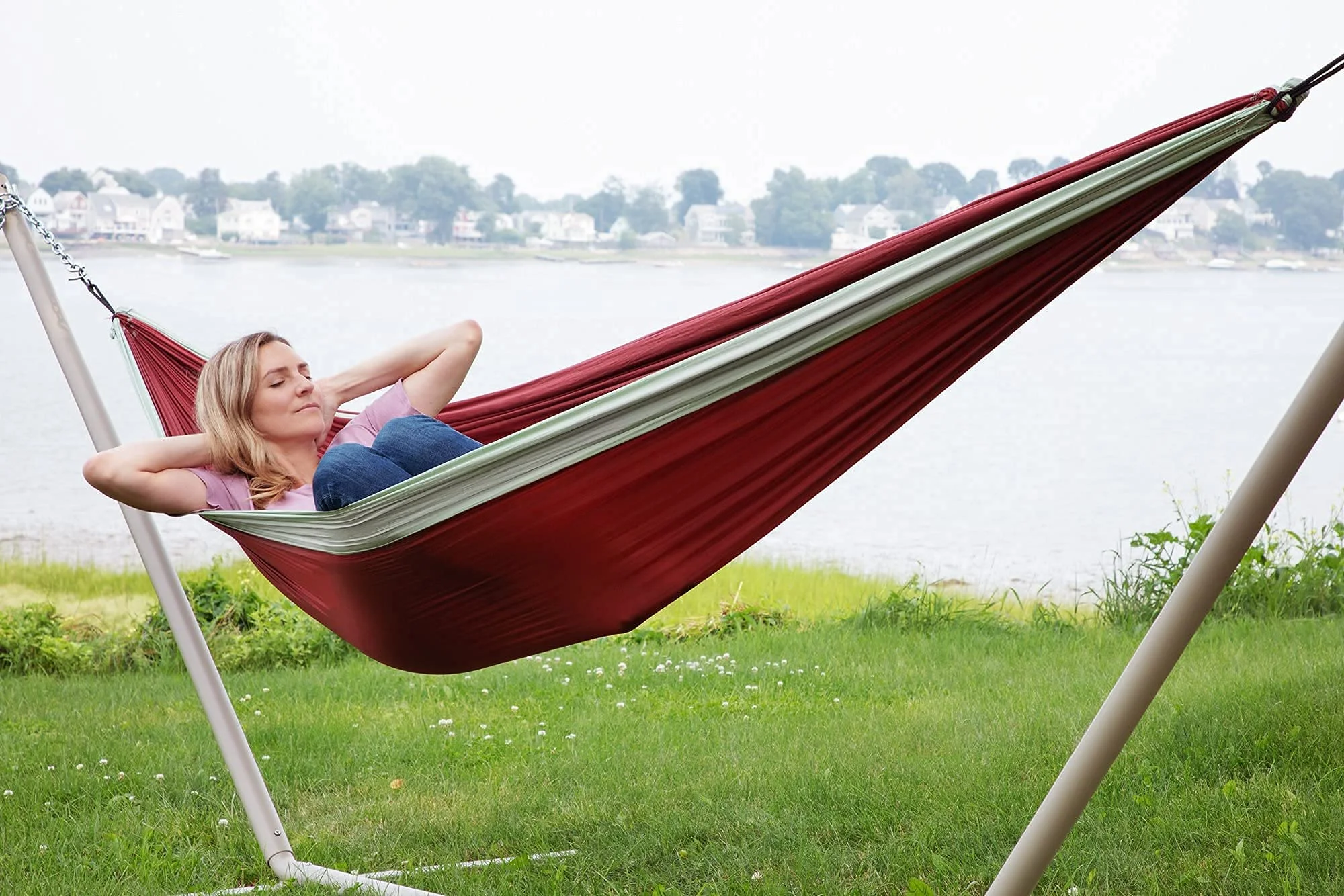 Sol Living Makena Camping Hammock Set With Storage Bag Double Hammock for 2 Outdoor Tree Swing Portable Hammock For Travel Camping Accessories - Colibri Maroon