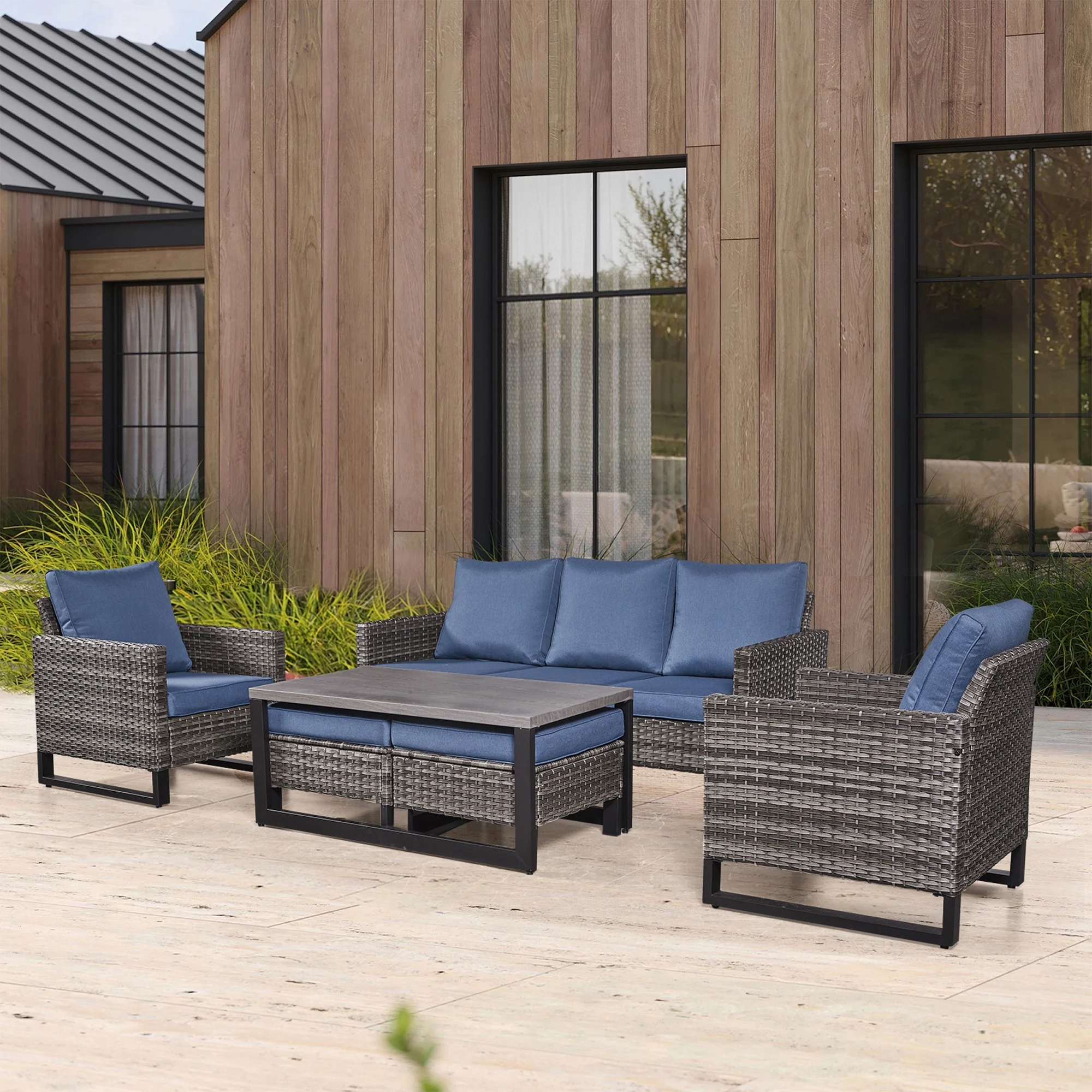 PARKWELL 6Pcs Patio Rattan Wicker Outdoor Conversation Sets 5 - Person Seating Group Patio Furniture Set, including Sofa, Chairs, Coffee Table and Ottomans with Blue Cushion