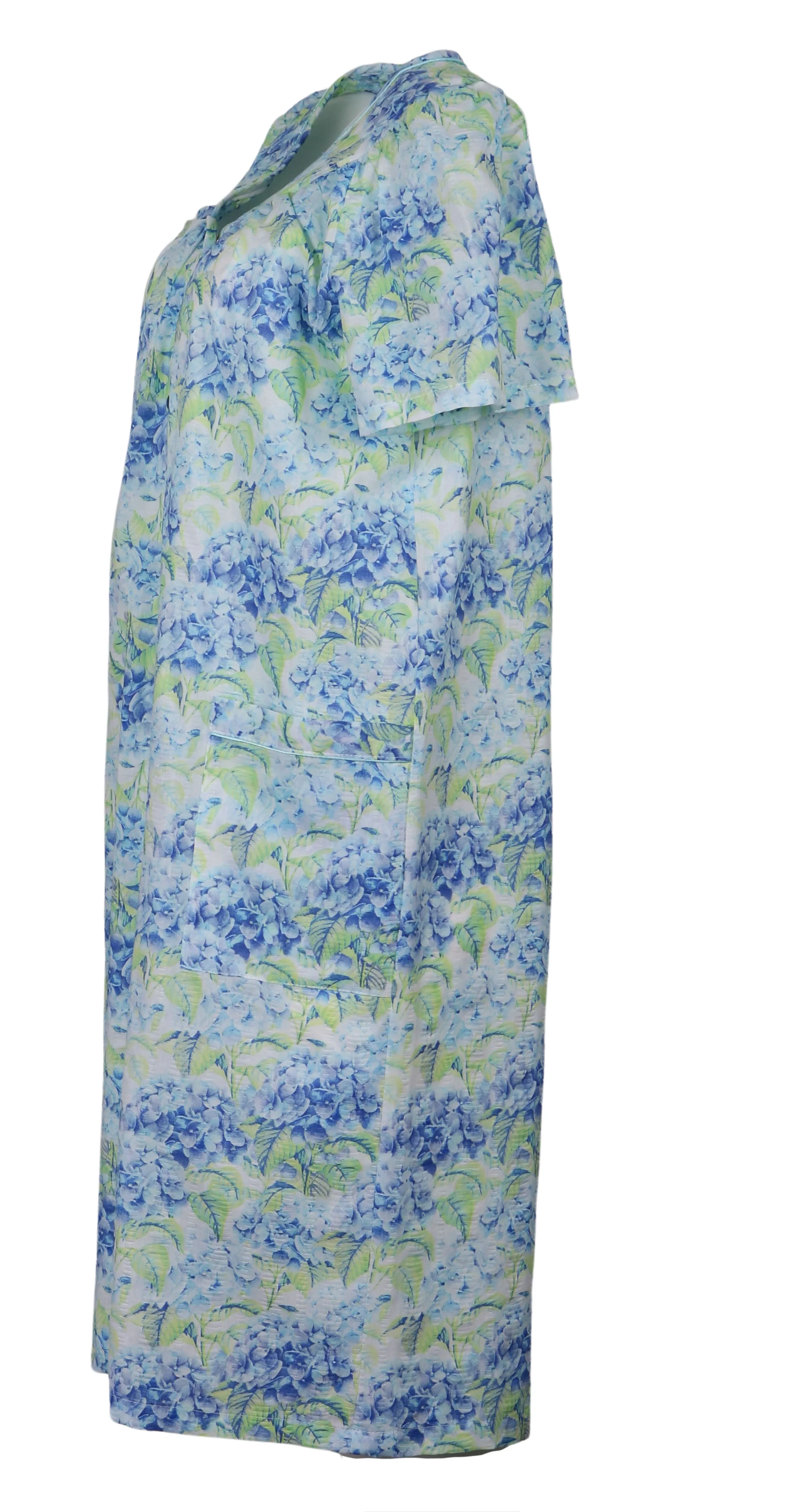 Elegant Emily Women's Snap-Front Duster Robe With Pockets - Blue Hydrangea - X-Large