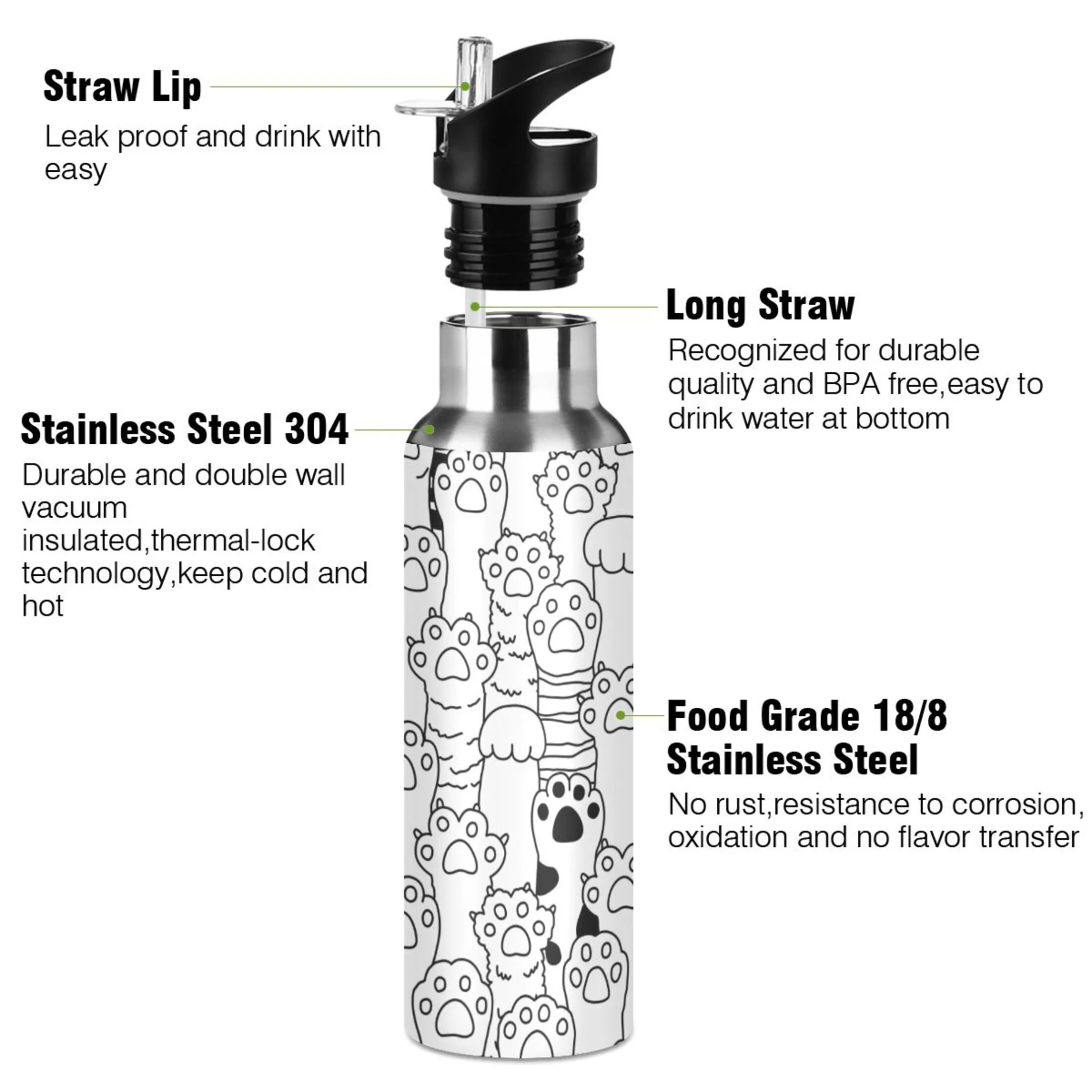Water Bottle with Straw Lid Leak Cute Cat Paws Stainless Steel Insulated Thermos Vacuum Flask for Cold Hot Drinking for Sports Camping Gym Yoga
