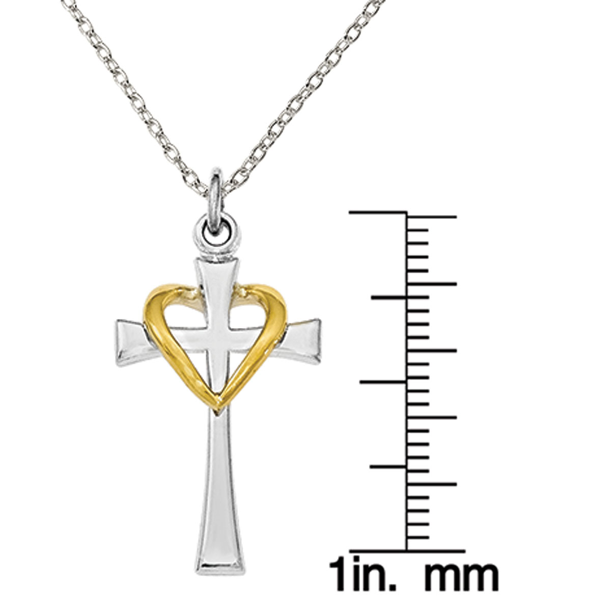 Primal Silver Sterling Silver Rhodium-plated and Gold-tone Polished Cross with Heart Pendant On 18-inch Forzantina Cable Chain