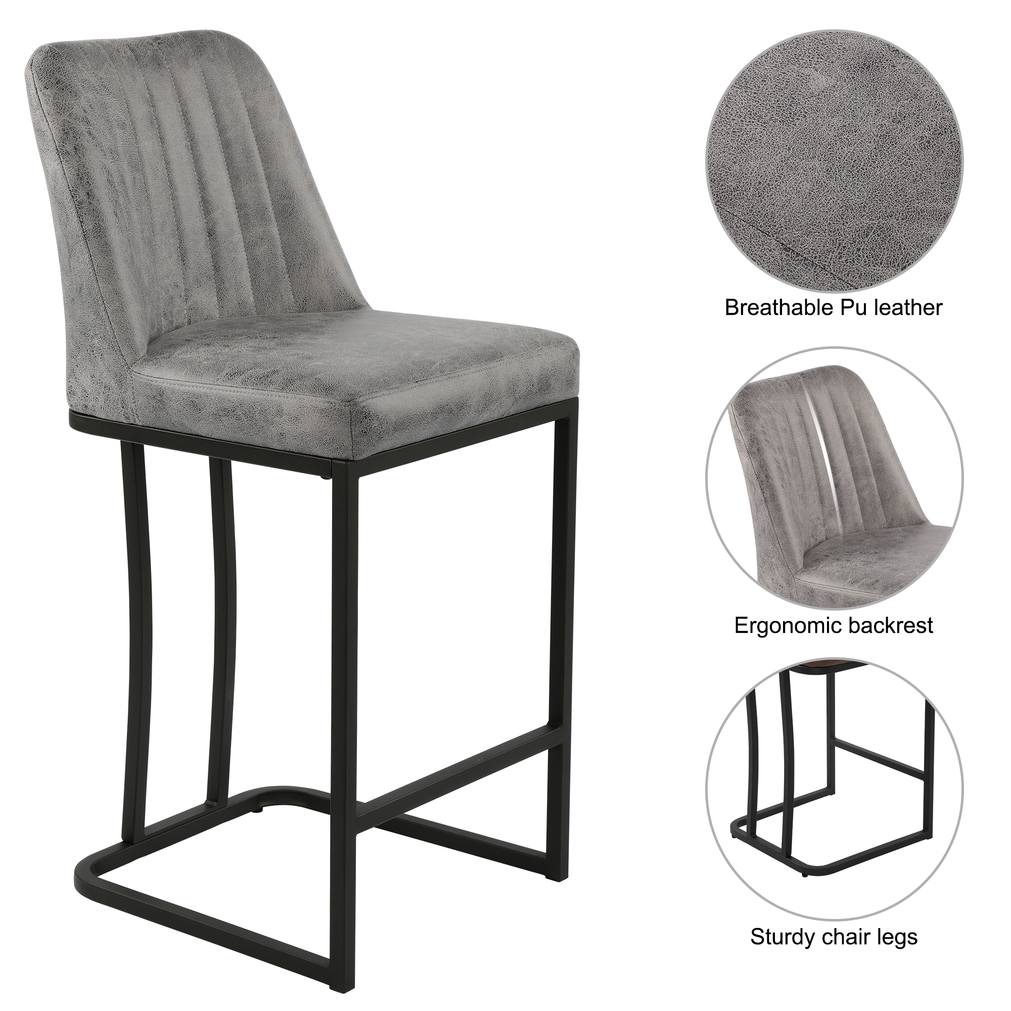 PU Leather Bar Stool Gray Modern Comfortable Bar Stools with Backrest，Set of 2