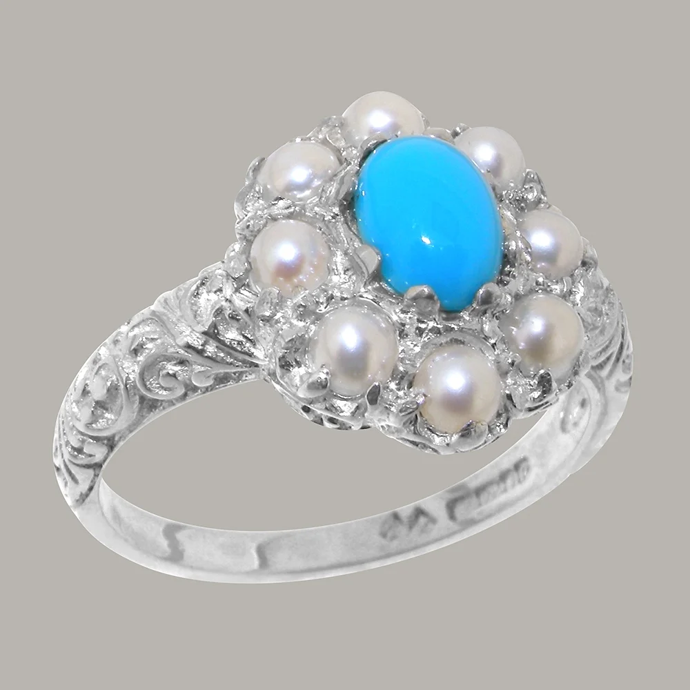 LBG British Made 925 Sterling Silver Natural Turquoise & Cultured Pearl Womens Statement Ring - 33 size options - Size 10