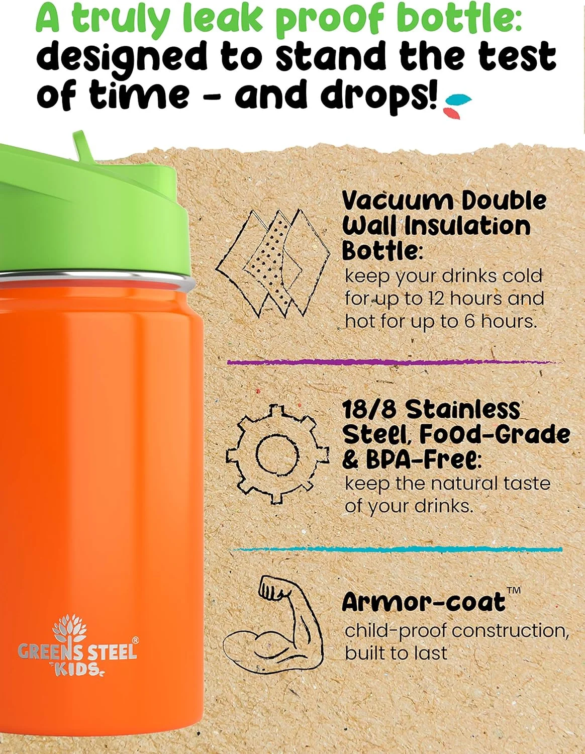 Kids Water Bottle - 12oz Orange | Leak Proof With Straw & Handle | 24 Hours Cold | Insulated, Double Wall Stainless Steel | Easy Sip Toddler Cup | Child's Flask | Eco Friendly
