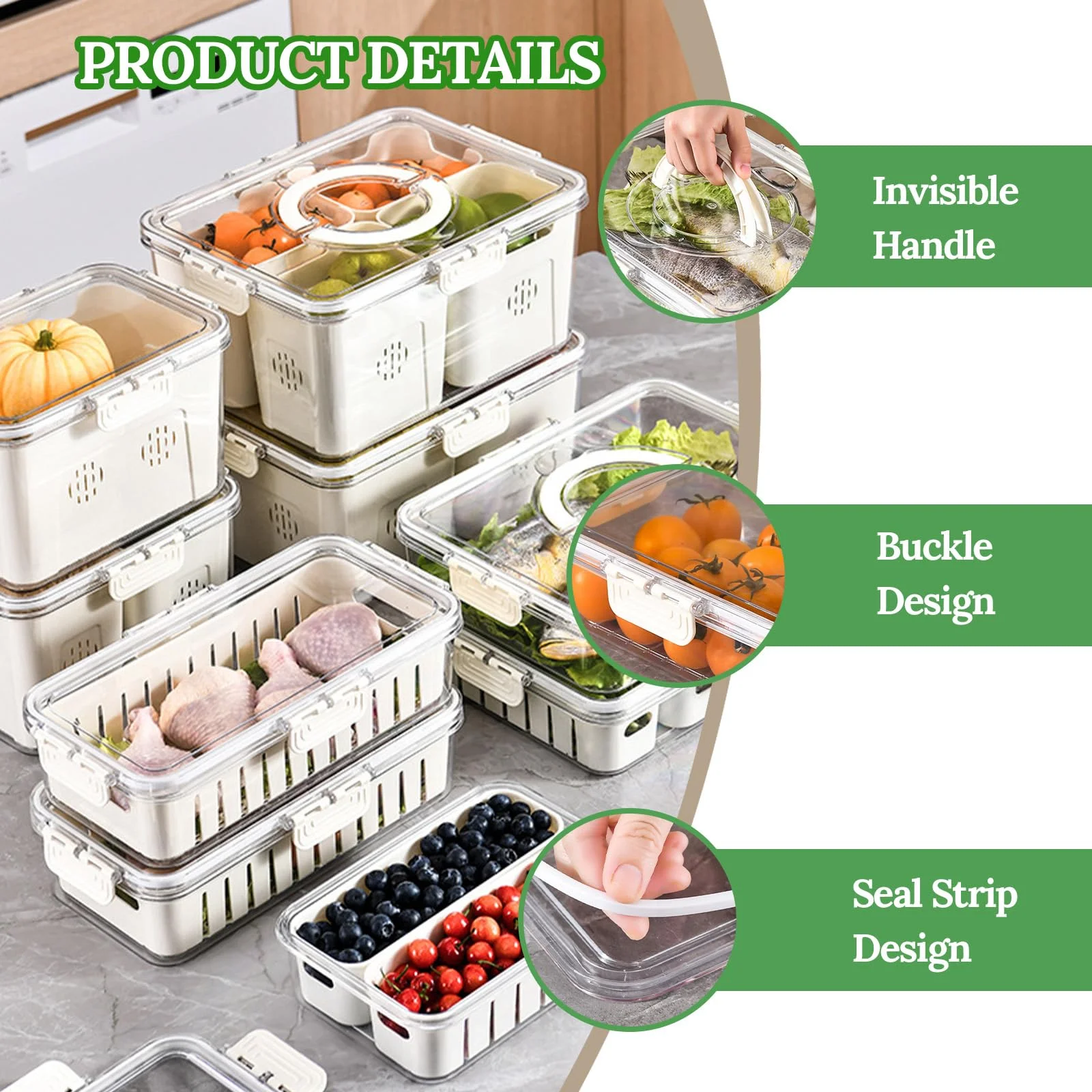 Loobuu Storage Containers for Fridge with Lid and Handle, Portable Food Box Container with 4 Removable Colanders, Fresh Produce Saver for Fruit, Vegetable, Refrigerator, Kitchen, Home, Picnic