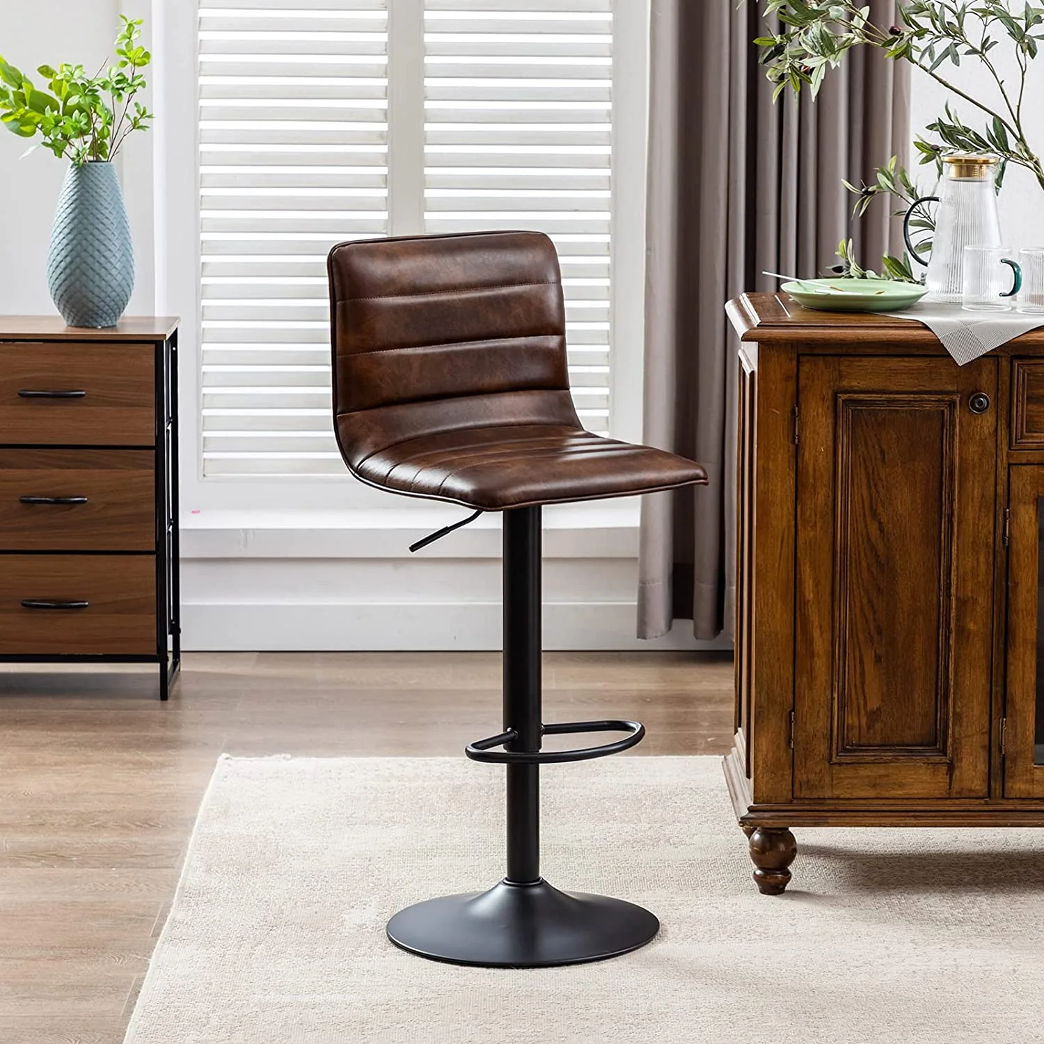 Duhome Brown Leather Barstools Counter Stools Counter Bar Height Swivel Adjustable Bar Stool with Back Kitchen Island Stool Bar Chair