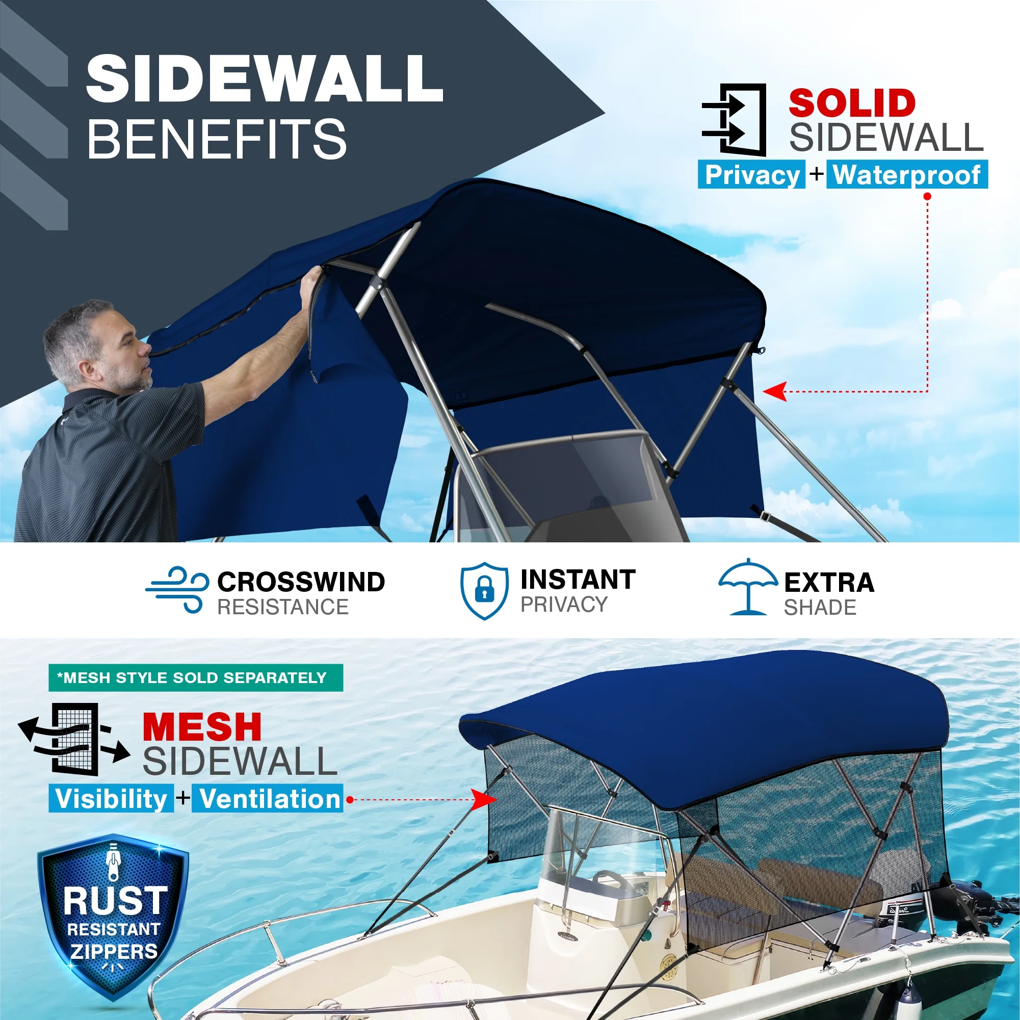 KNOX Universal 3-Bow Bimini Tops for Boats Cover Side Walls, Support Poles, Fade-Proof 900D Marine Canvas, Storage Boot, Sun Shade Canopy For Pontoon, V-Hull, Fishing, Jon Boat, 61-66