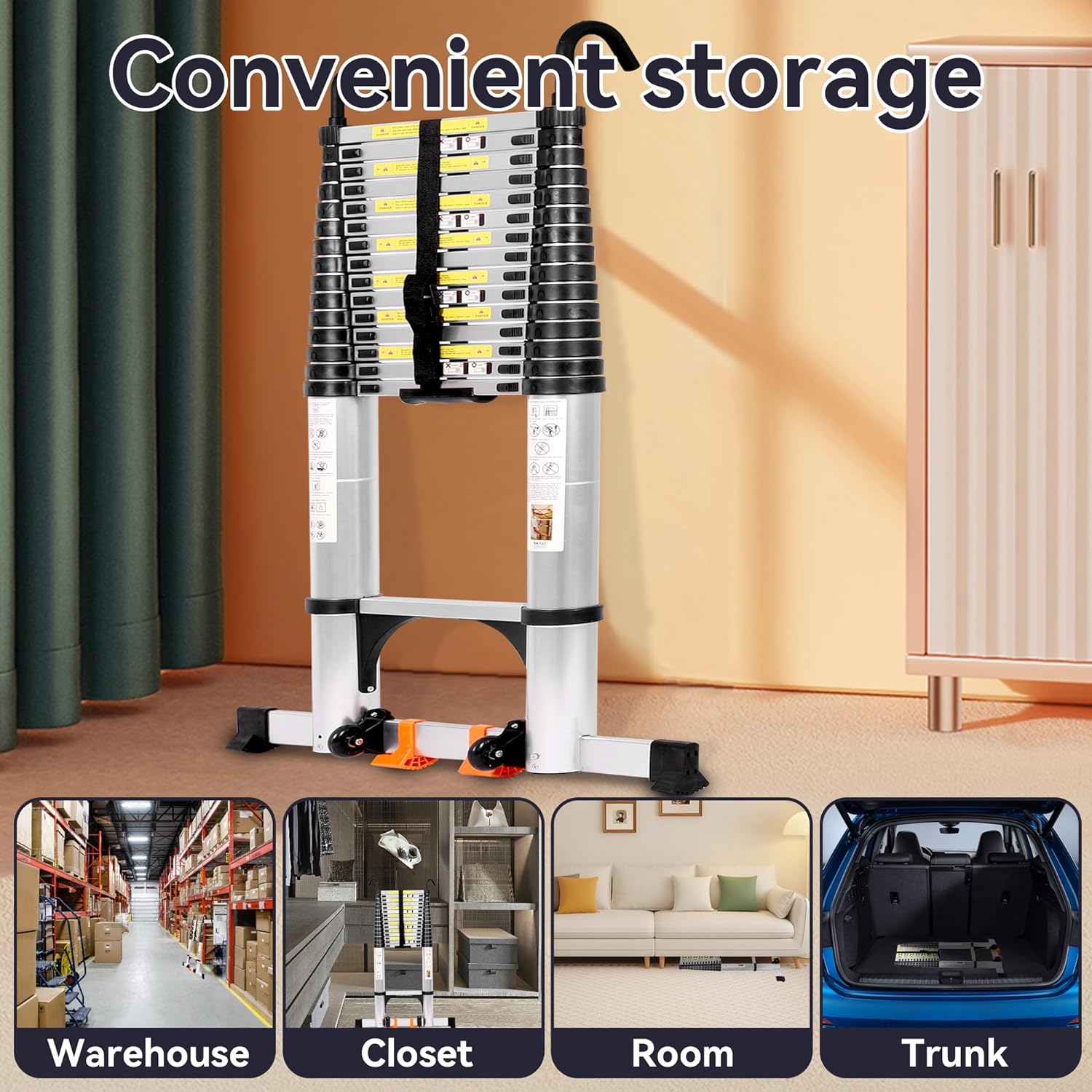 20.3FT Telescoping Ladder, Aluminum Collapsible Ladder w/Triangle Stabilizers & Detachable Hooks, Lightweight Compact Telescopic Ladder for Home 330lbs Capacity Extension Ladder(20.3FT)