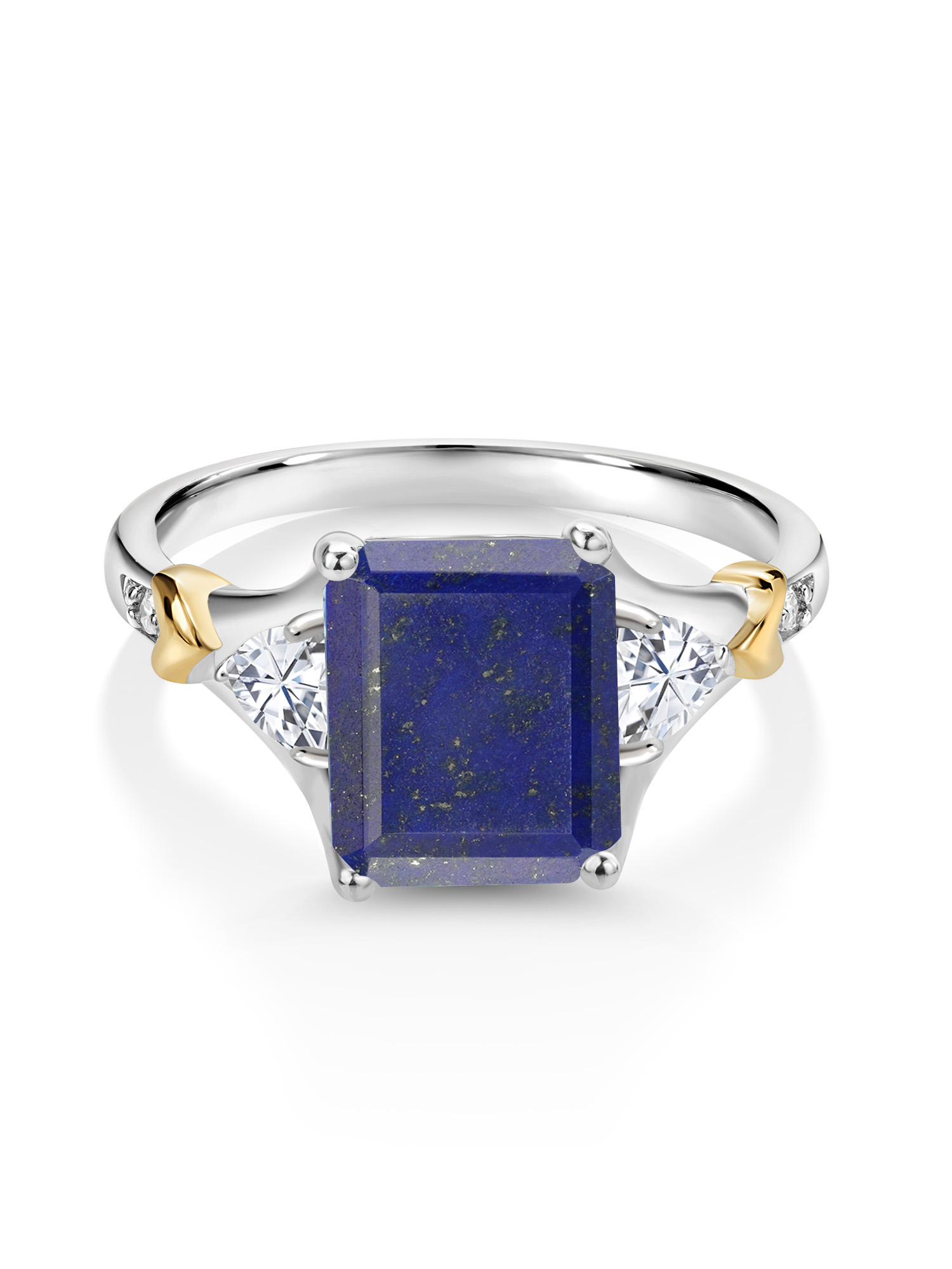 Gem Stone King 925 Silver and 10K Yellow Gold Blue Lapis and White Moissanite and Diamond Engagement Ring For Women (3.34 Cttw, Emerald Cut 10X8MM, Trillion 3.5MM)