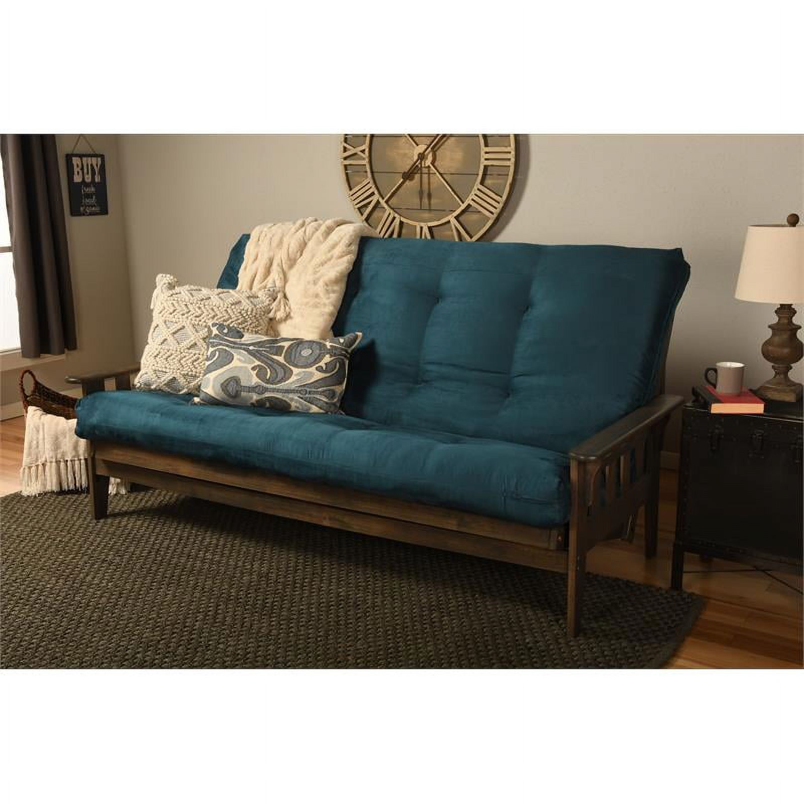 Pemberly Row Queen Futon with Fabric Mattress in Navy Blue and Walnut