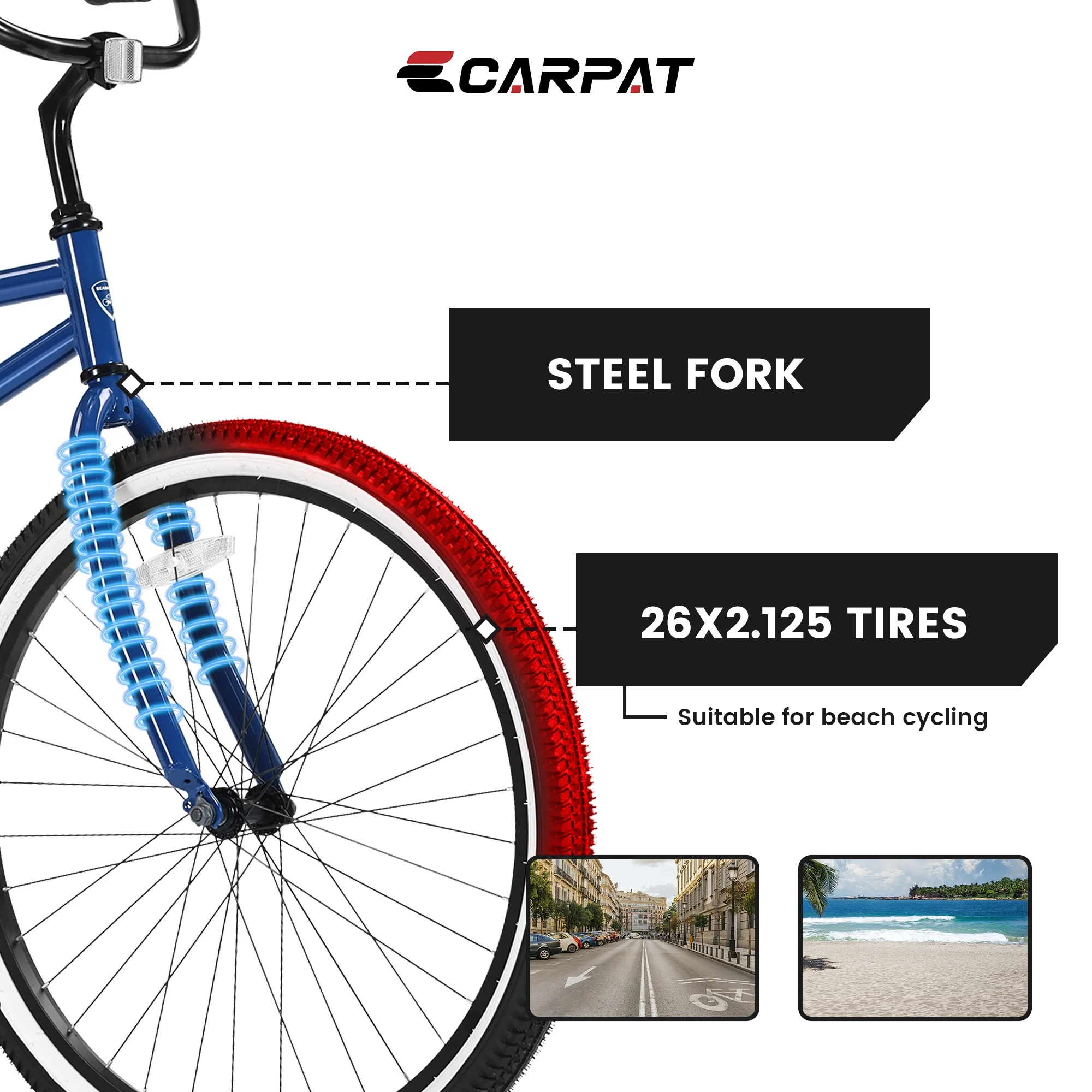 26 inch Womens Bike, Beach Cruiser Bike for Women with Steel Frame, Rear Rack, Single Speed Drivetrain, Commute City Bike Bicycle for Women Adults, Upright Comfortable Rides, Multiple Colors-Blue