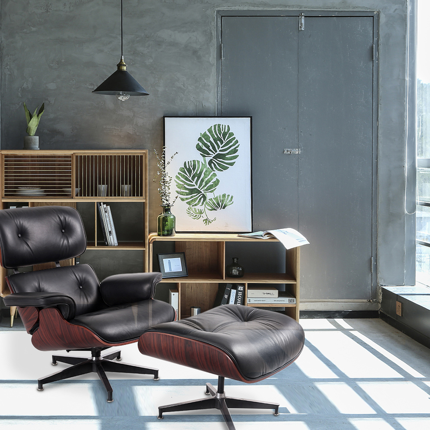 HomeRoots  33 x 34.6 x 34.2 in. Black Tufted Leather & Dark Brown Swivel Lounge Chair with Ottoman