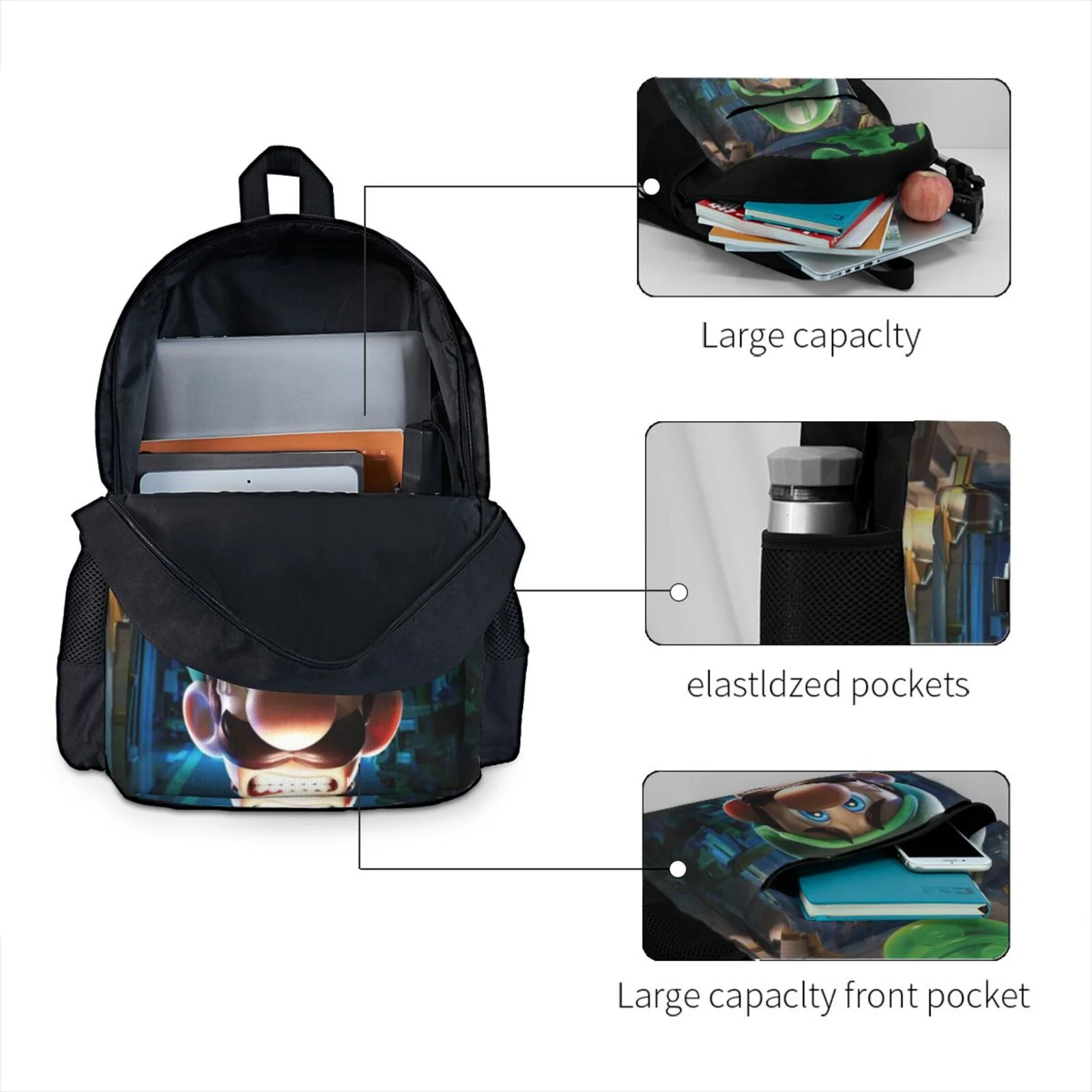 Luigi's Mansion Shoulders Backpack School Bag Student Bookbag Outdoor Knapsack Rucksack Casual Daypack