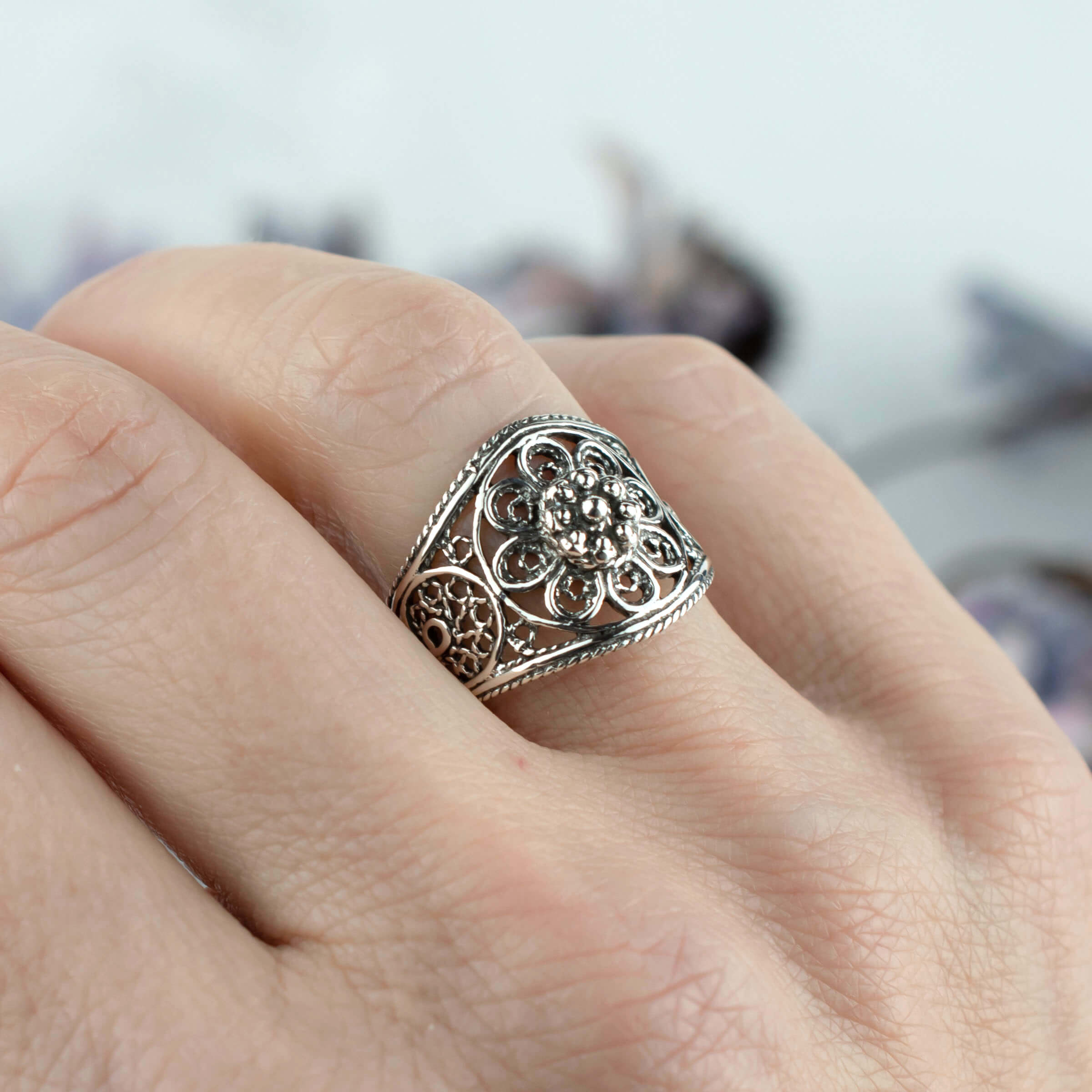 Sterling Silver Filigree Art Lace Embroidery Cocktail Ring