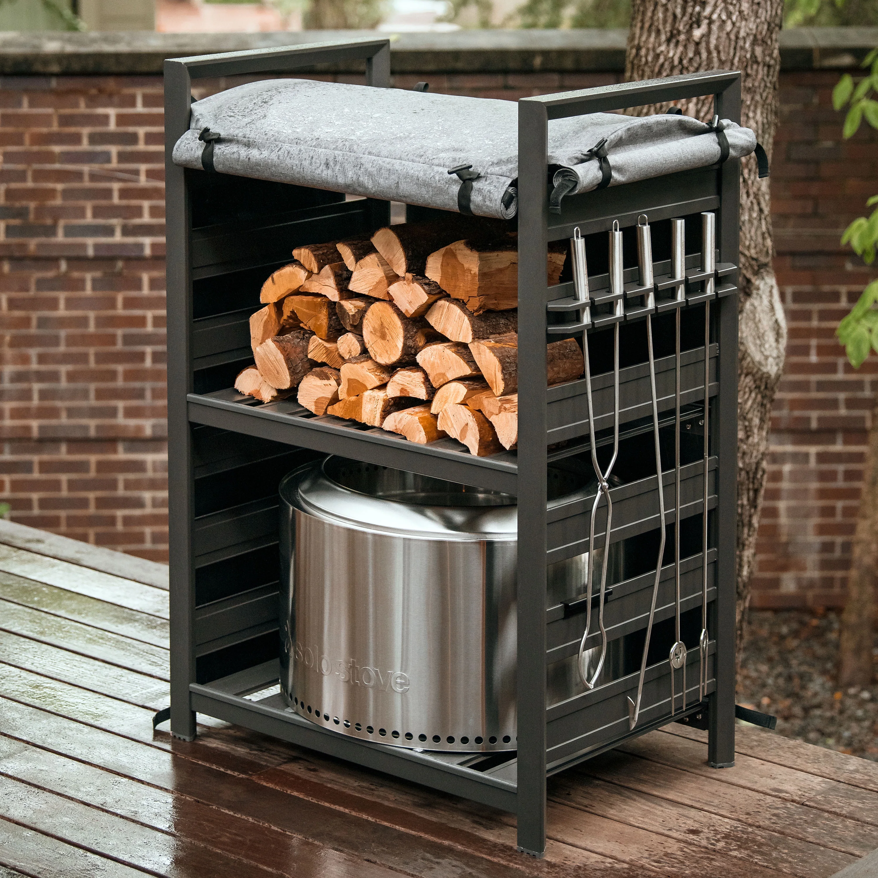 Solo Stove Station + UVC Coated Cover Aluminum Firewood Rack for Fire Pits, Grey