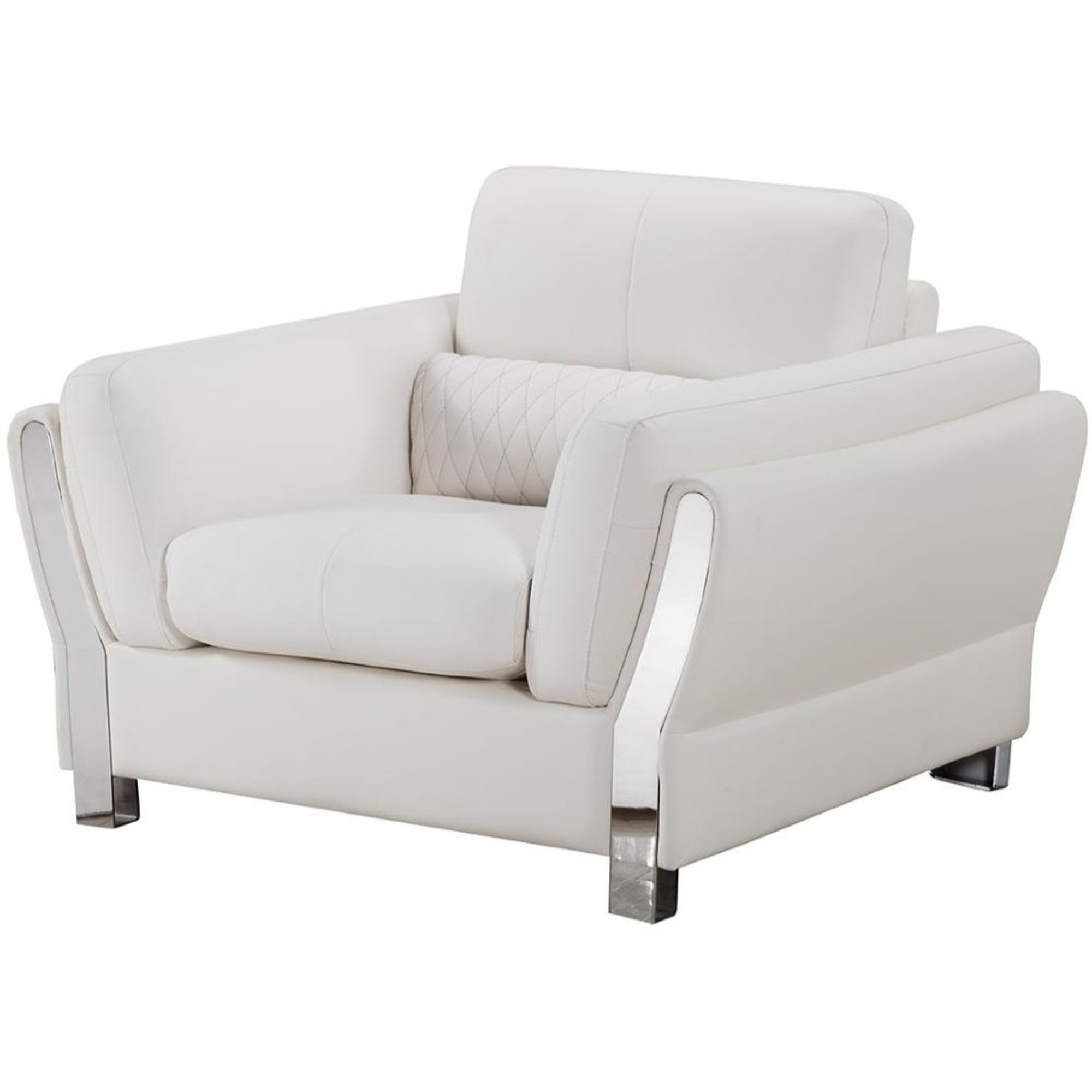 Faux Leather Upholstered Wooden Sofa Chair with Attached Lumbar Cushion, White and Silver