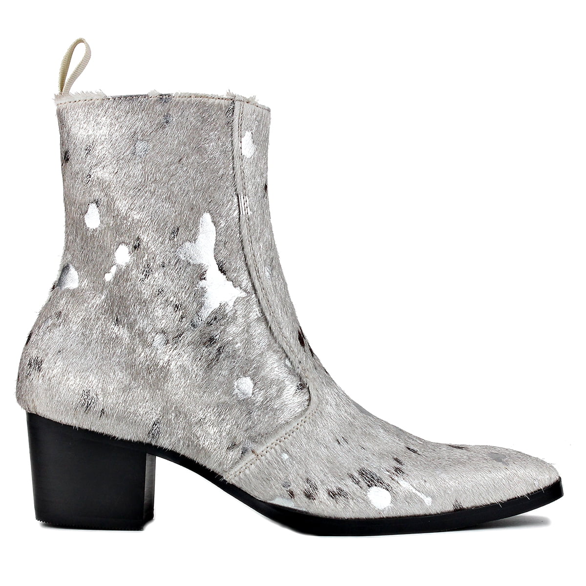 OSSTONE Dress Boots Chelsea Pony Hair Leopard Boots for Men Zipper-up Leather Casual Heel Shoes JY012-B-Silver-7 Silver