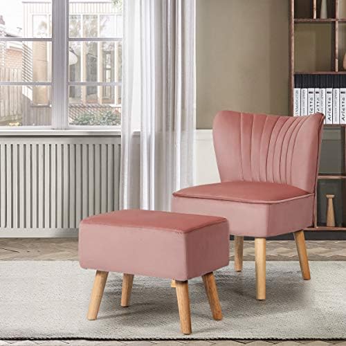 YZboomLife Velvet Accent Chair with Ottoman  Modern Tufted Upholstered Chair with Footrest  Firm Wood Legs  Leisure Single Club Chair Set for Living Reading Room Bedroom (Pink)