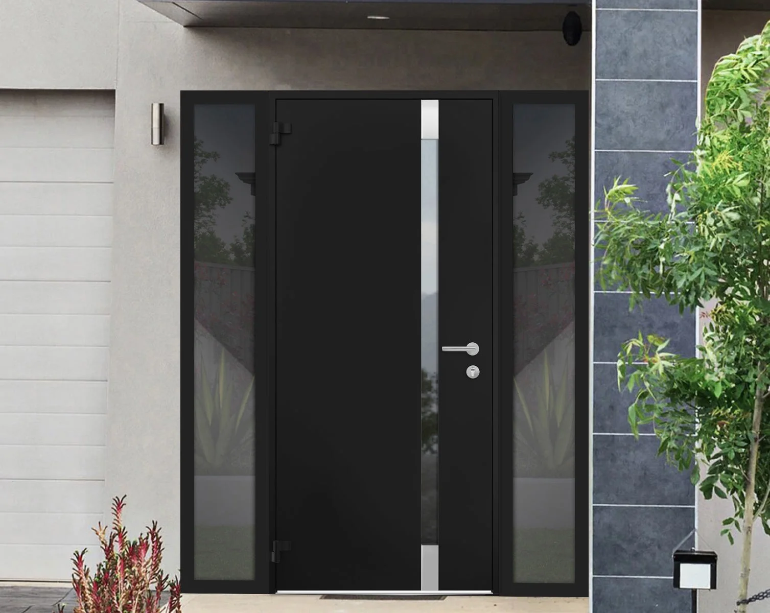 Front Exterior Prehung Steel Door / Cynex 6777 Black / 2 Side Exterior Windows / Stainless Inserts Single Modern Painted-W16+36+16