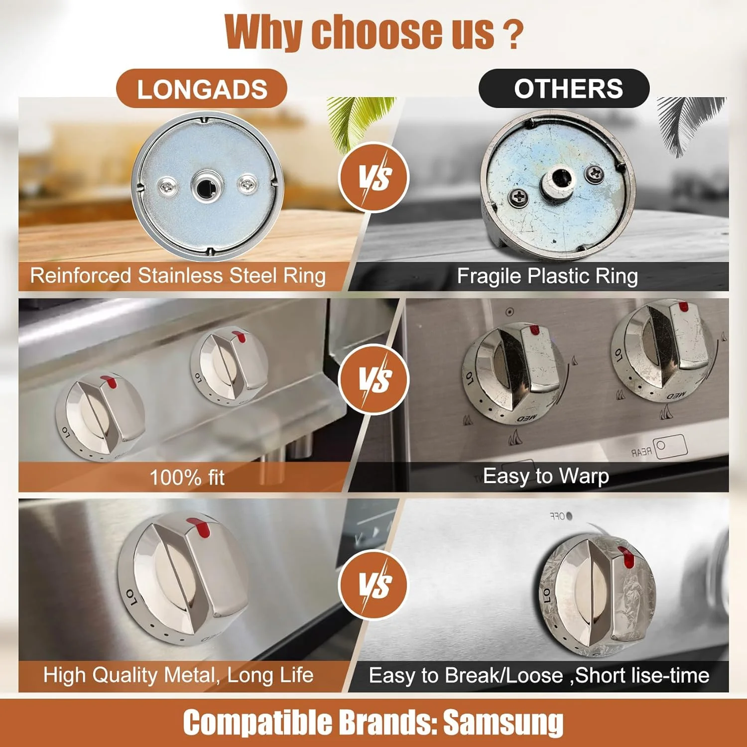 [Upgraded] DG Top Burner Control Dial Knob Range Oven Replacement Stainless Steel Compatible with Samsung Range Oven Gas Stove Knob NX58F5700WS NX58H5600SS NX58H5650WS NX58J7750SS (5pcs)