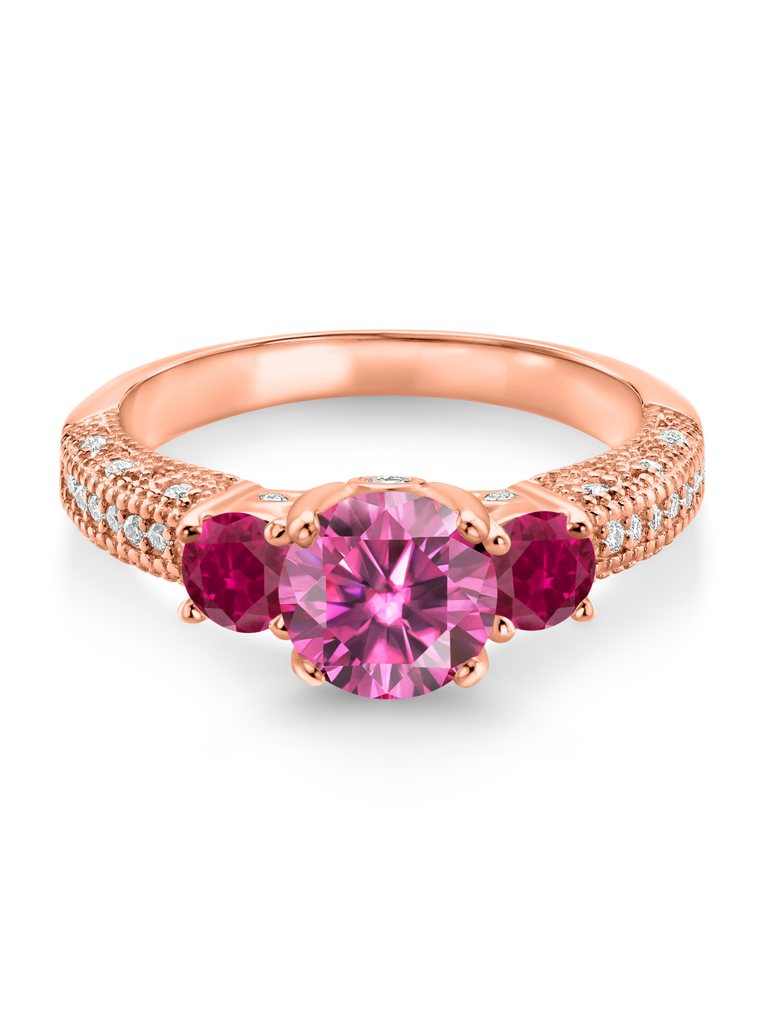 Gem Stone King 18K Rose Gold Plated Silver Pink Moissanite Red Created Ruby and White Moissanite Engagement Ring For Women (1.78 Cttw, Gemstone, Round 7MM and 4MM)
