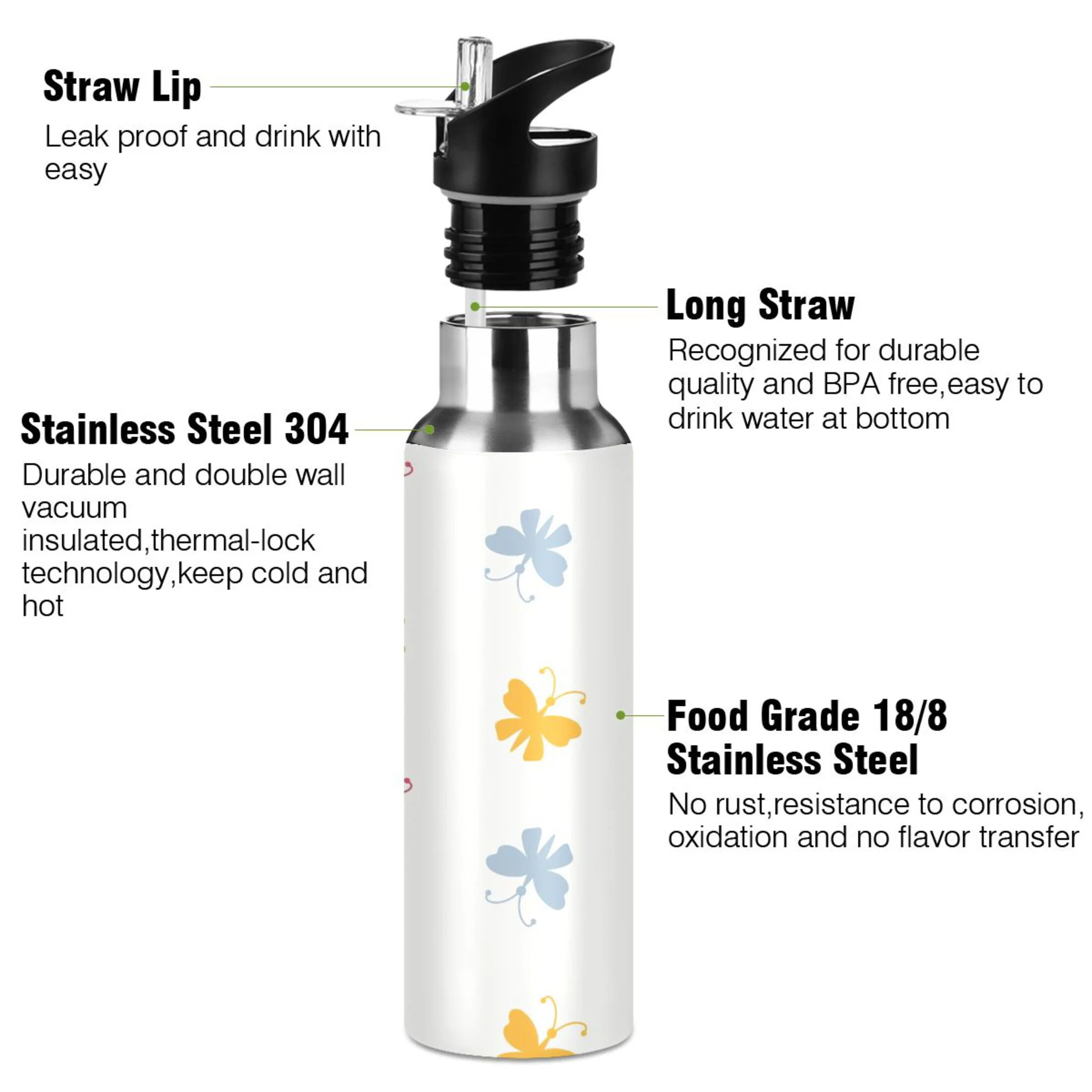 Water Bottle with Straw Lid Leak Butterflies Stainless Steel Insulated Thermos Vacuum Flask for Cold Hot Drinking for Sports Camping Gym Yoga