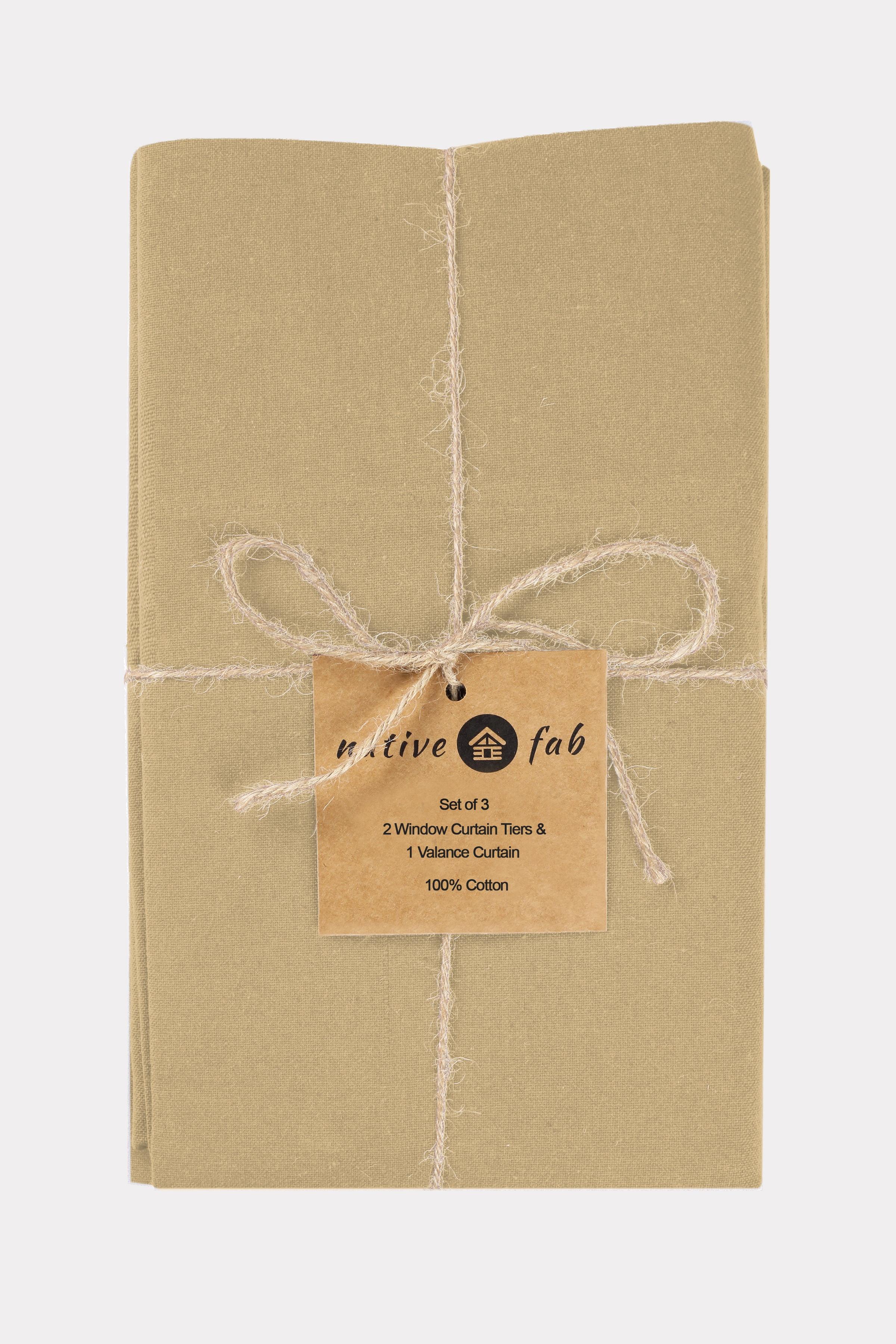 Native Fab Kitchen Window Curtain Tiers Valance Set 100% Cotton - Rod Pocket Style 3 Piece - Beige