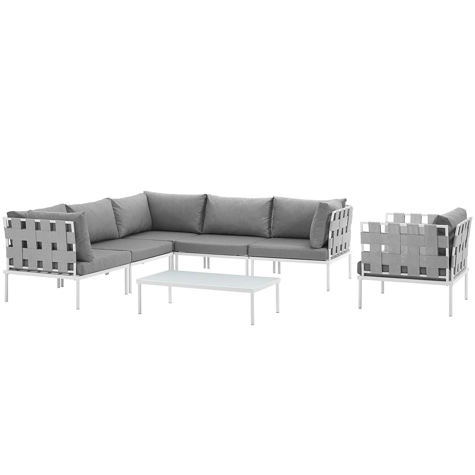 Modway Harmony 7 Piece Outdoor Patio Aluminum Sectional Sofa Set in White Gray
