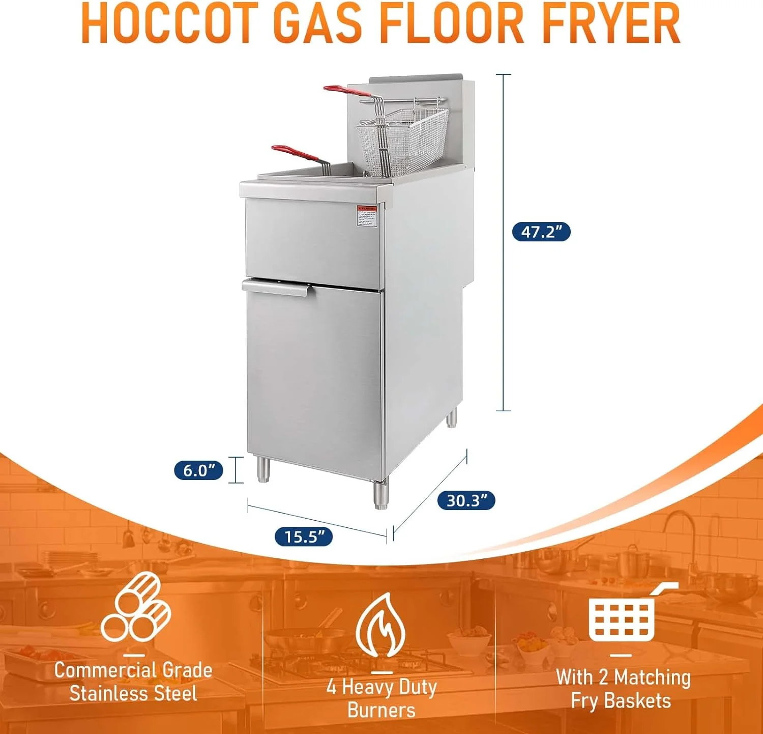HOCCOT Commercial Deep Fryer with 2 Baskets, 4 Tube Burners Gas Floor Fryer 120,000 BTU, 40 LB Capacity Stainless Steel Deep Fryer for Restaurant Kitchen, 200℉-400℉ Adjustable Millivolt Thermostat
