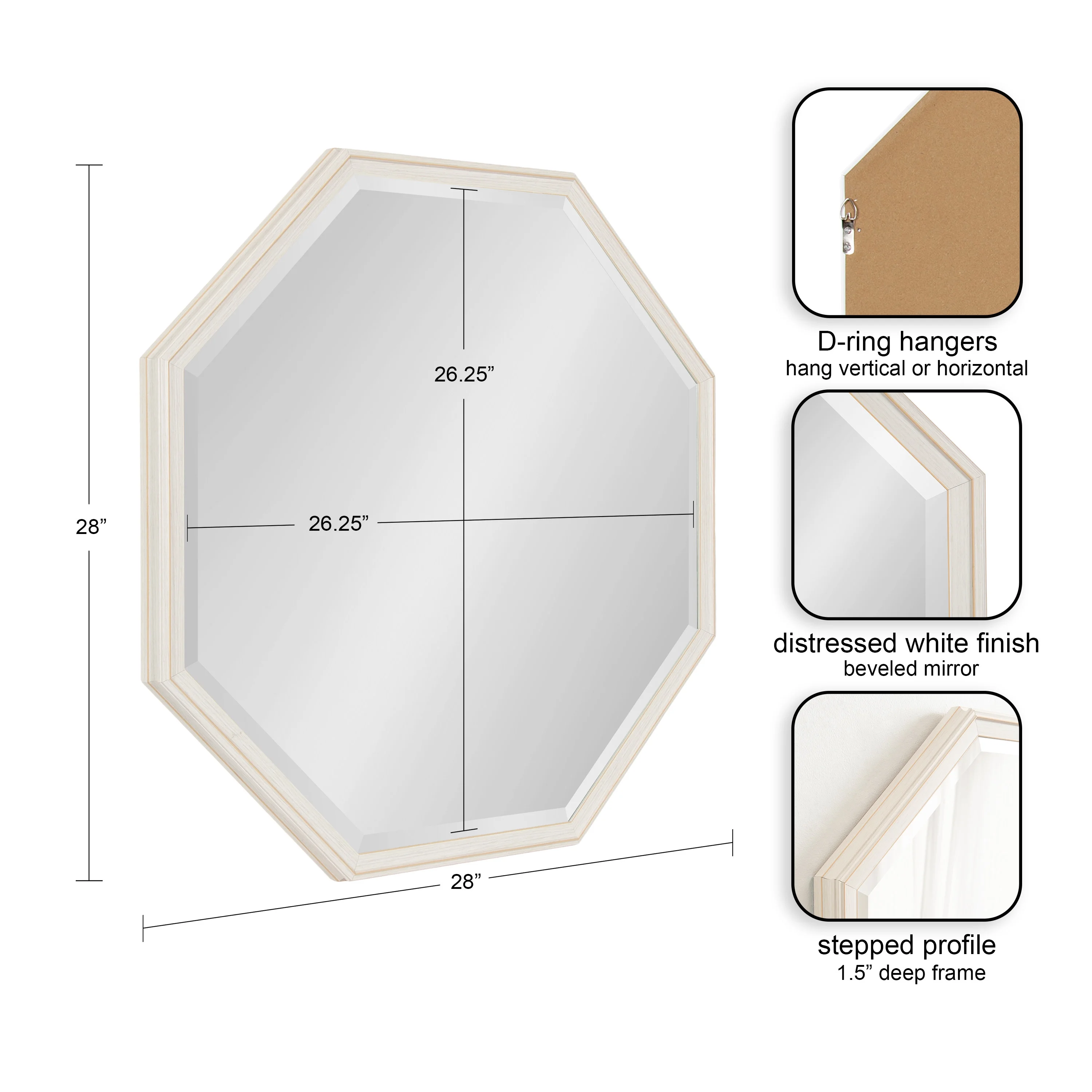 Kate and Laurel Oakhurst Traditional Octagon Wall Mirror, 28 x 28, Soft White, Vintage Symmetrical Bathroom Mirror with Stepped Frame and Beveled Edge Design