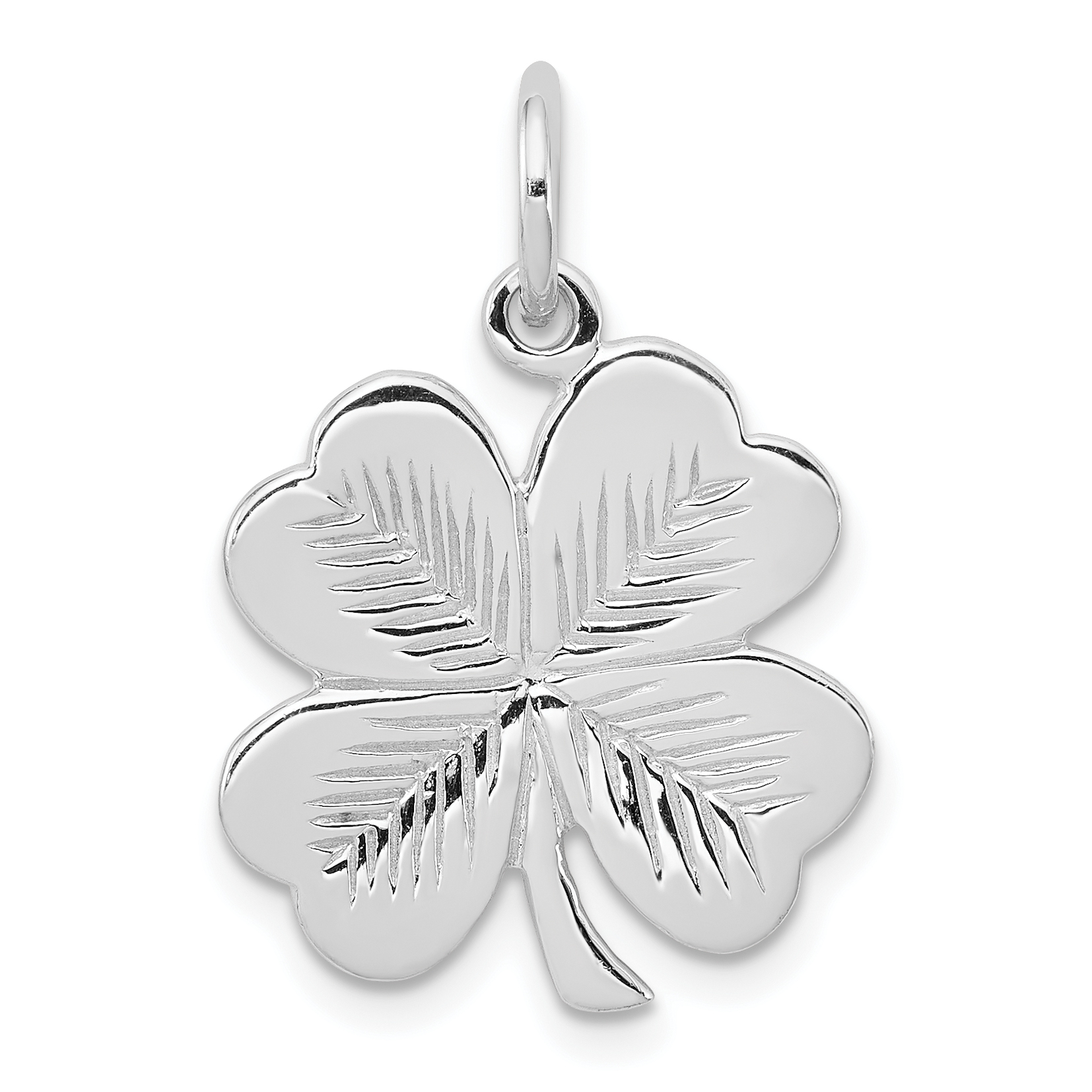 Carat in Karats Sterling Silver Polished Finish Rhodium-Plated And Textured 4 Leaf Clover Charm Pendant (17 mm x 17 mm) With Sterling Silver Rope Chain Necklace 20''