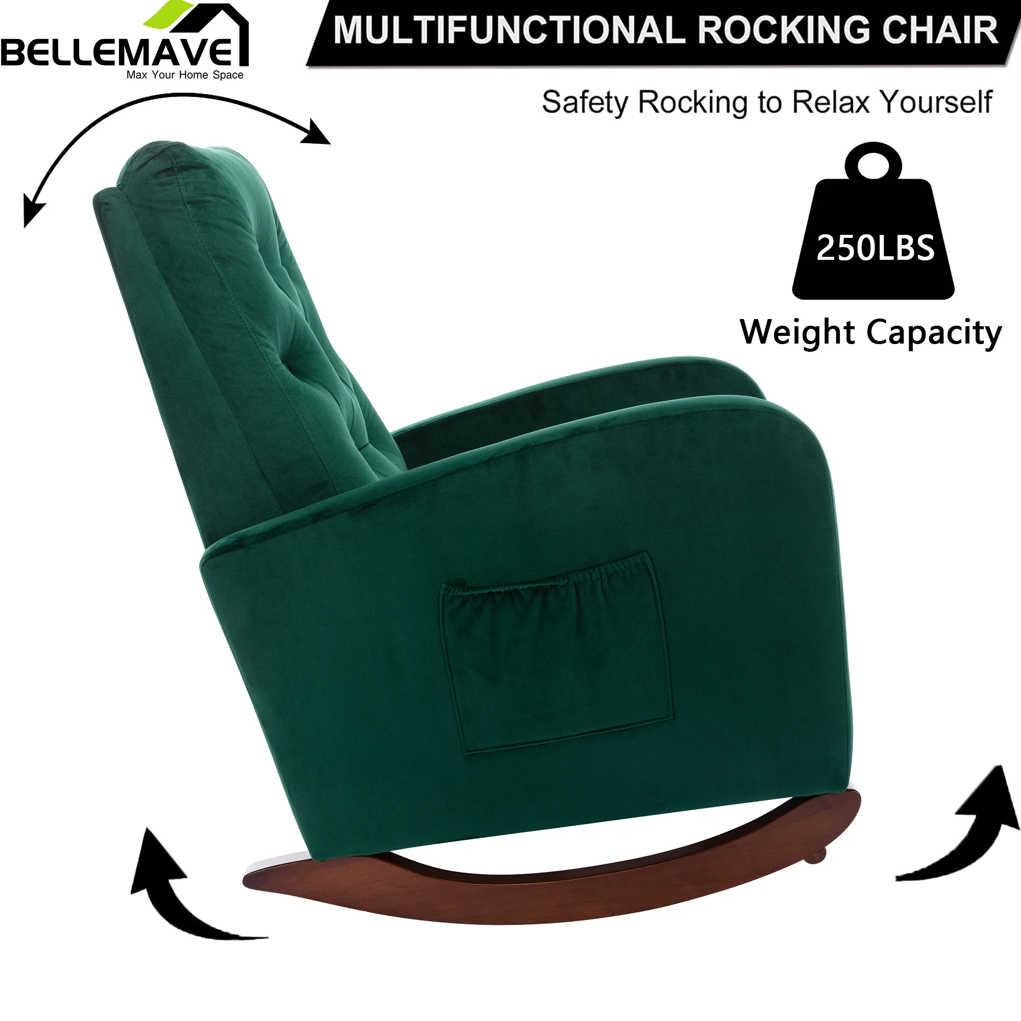 Bellemave Living Room High Back Rocking Chair Nursery Chair,Comfortable Rocker Fabric Padded Seat,Modern High Back Armchair, Upholstered Rocking Chair(Green,Velvet)