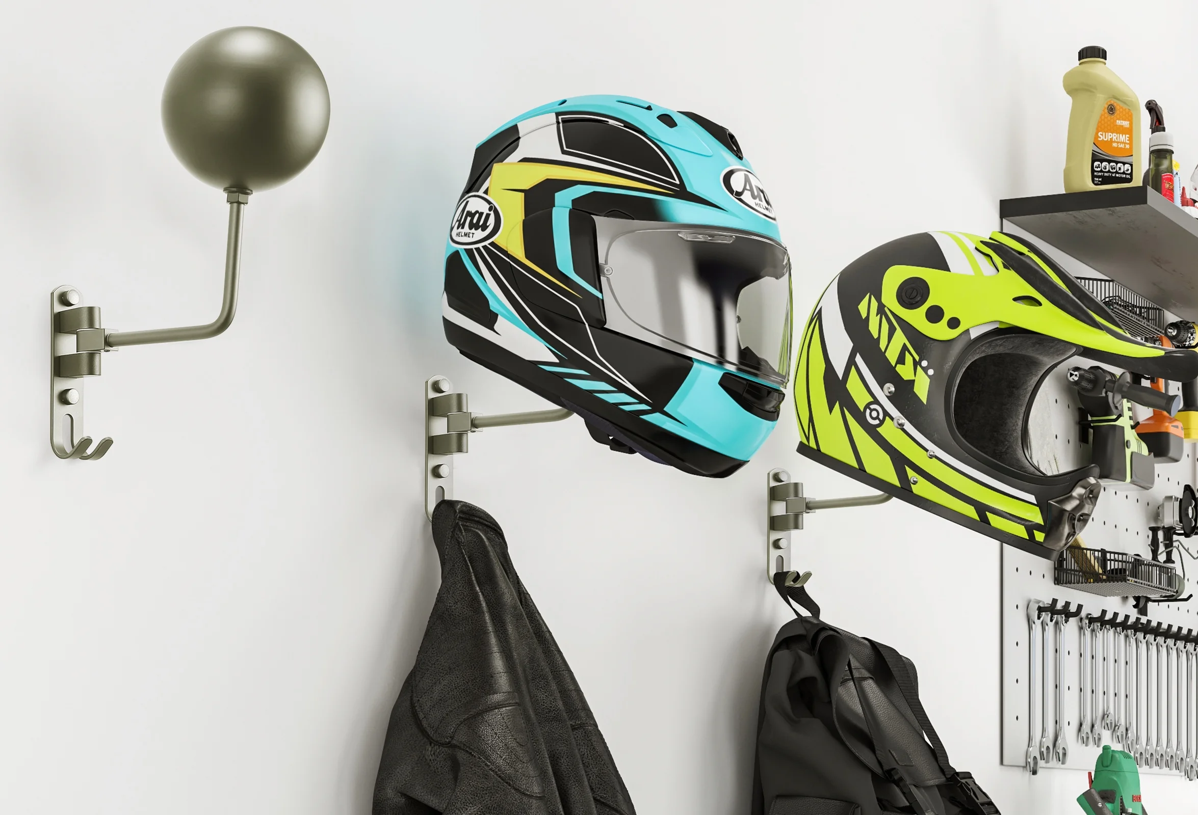 SKIKEN Grey Helmet Holder Rack, Wall Mount Motorcycle Helmet Rack, Wall Helmet Display Rack, 180 Degree Swivel and Ball Stand, Sturdy Hanging for Helmets, Backpacks, Motorcycle Jackets, Gray (2-Pack)